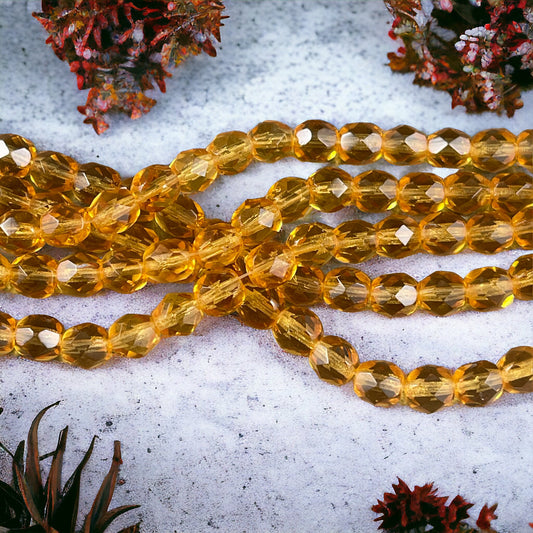 6mm Czech Glass Faceted Round Beads ~ 6mm Medium Topaz Honey Golden Beads ~ Transparent Gold Glass Beads (FP6/SM-1006) * Qty. 25