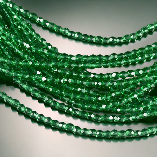 Emerald Green Czech Glass Beads - 4mm Faceted Round Beads - Transparent Medium Green Beads (FP4/SM-5014) * Qty 50