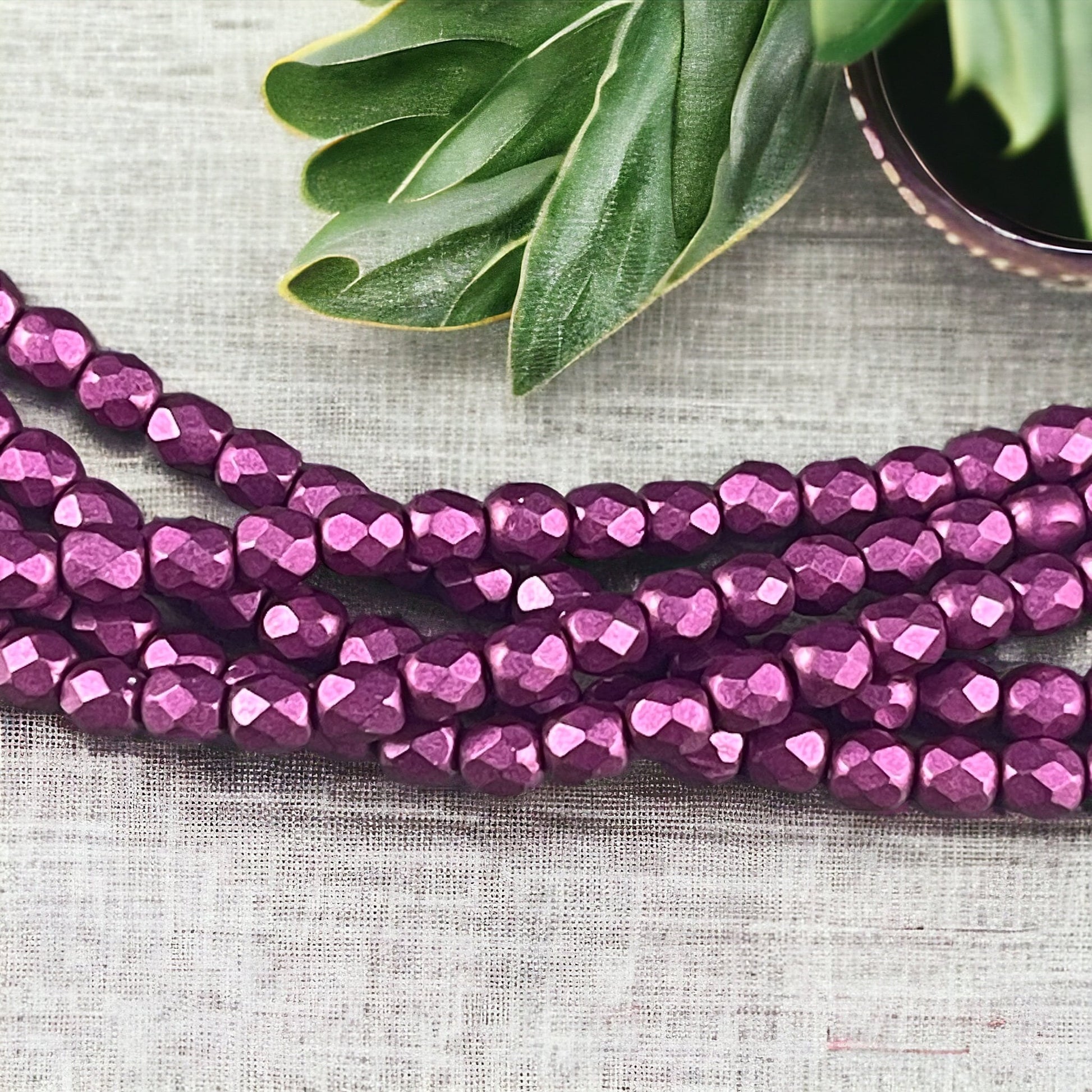 4mm Fuchsia Czech Glass Beads - 4mm Faceted Round Beads, Opaque Fuchsia with Satin Matte Metallic Finish (FP4/SM-08A04) * Qty. 50