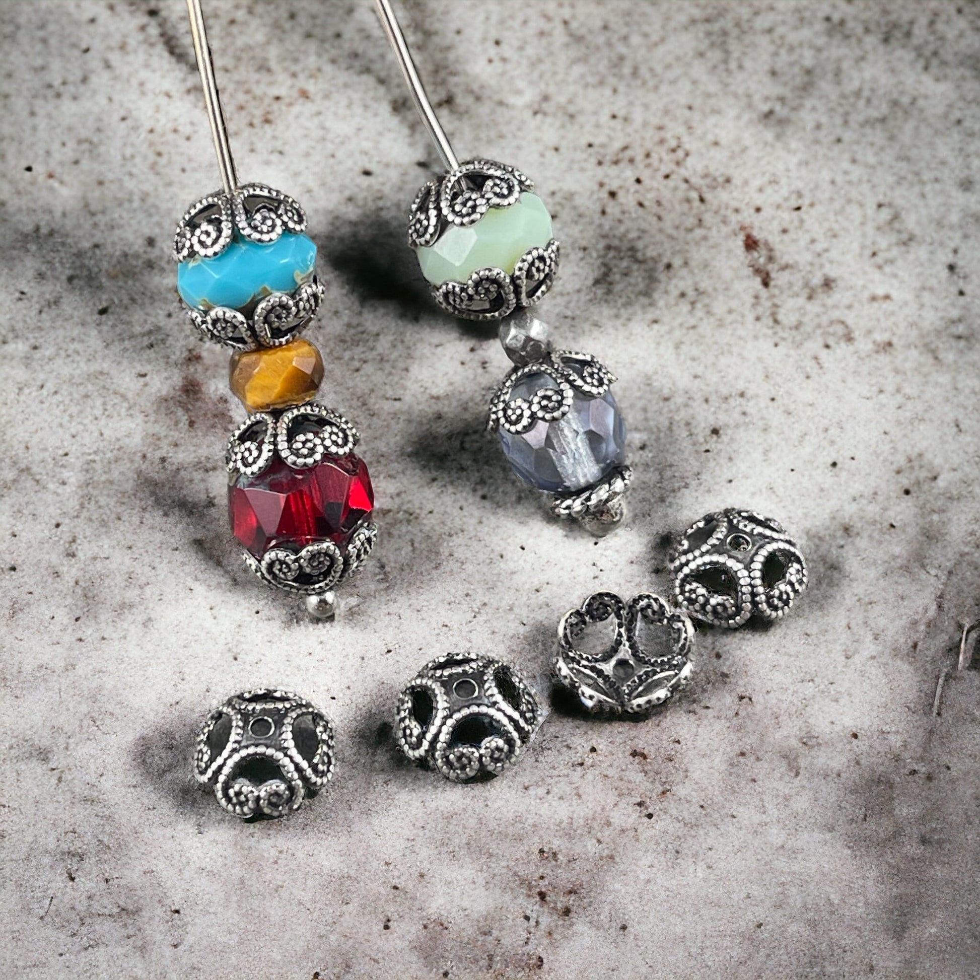 8mm Filigree Bead Caps, Silver Bead Caps, Antiqued Silver Bead Caps, 8mm Bead Caps, Oxidized Silver Bead Caps (VJS-R37) * Qty. 6