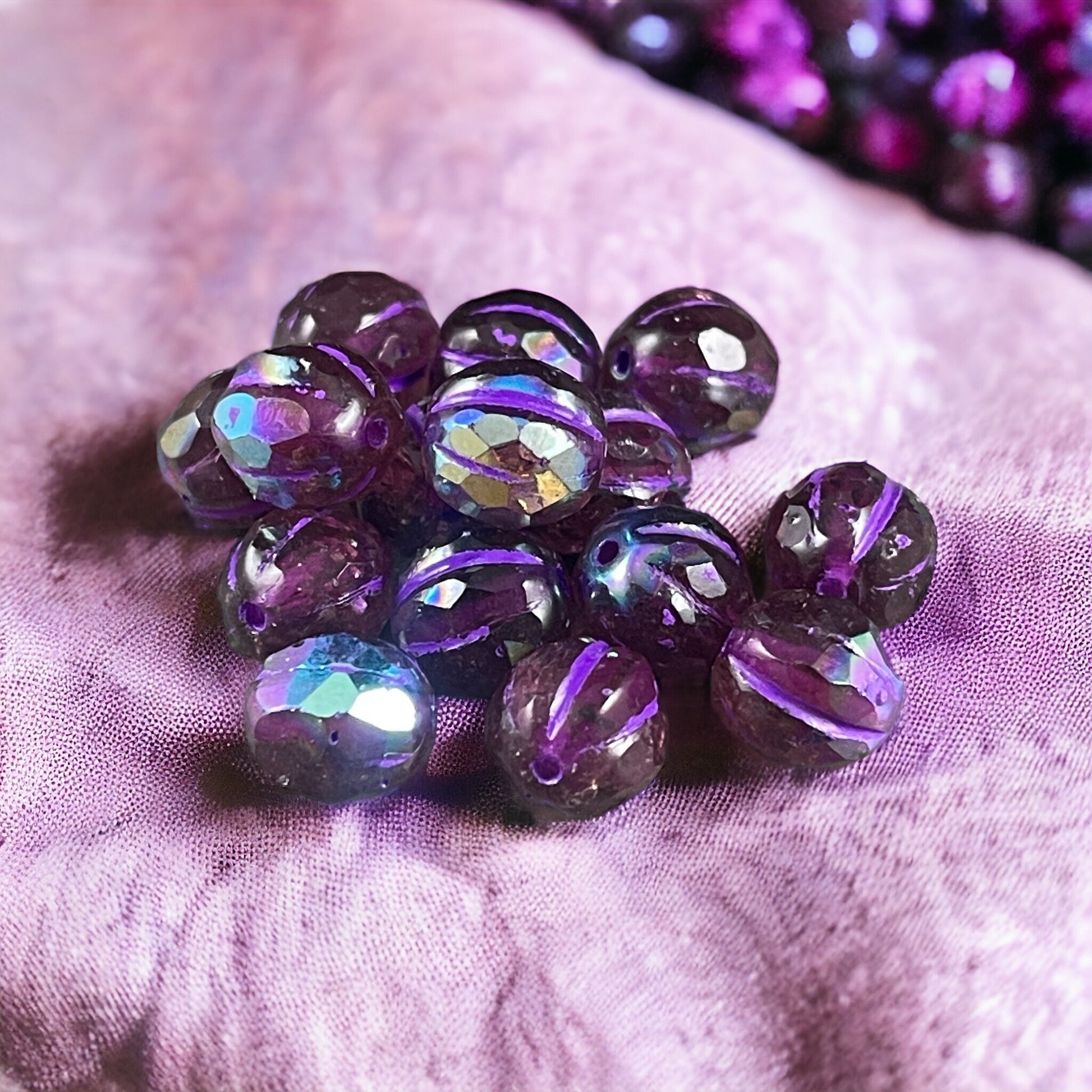 Amethyst Purple Czech Glass Beads with AB Finish ~ 8mm Faceted Melon Shape Bead with AB and Purple Wash (8FM/N-1776L) *