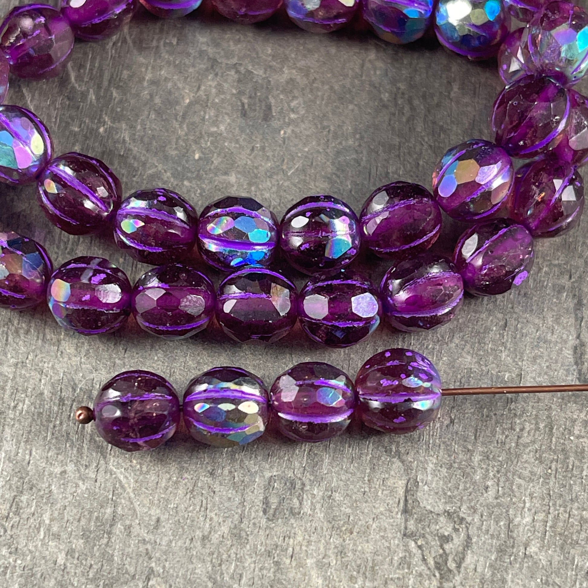 Amethyst Purple Czech Glass Beads with AB Finish ~ 8mm Faceted Melon Shape Bead with AB and Purple Wash (8FM/N-1776L) *