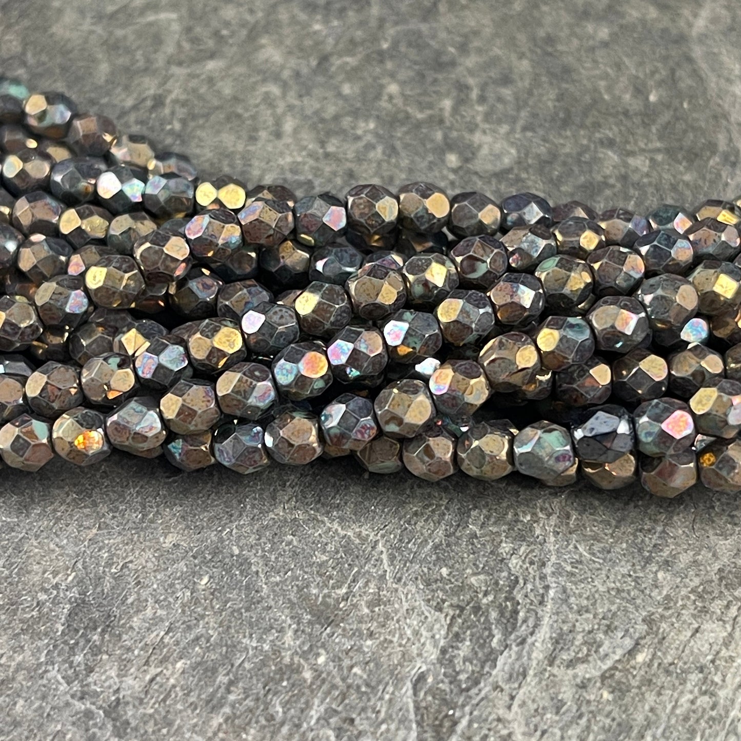 Oxidized Bronze Clay Czech Glass Beads - 4mm Metallic Faceted Round Beads - Bronze Iris Glass Beads (FP4/SM-15768) * Qty. 50