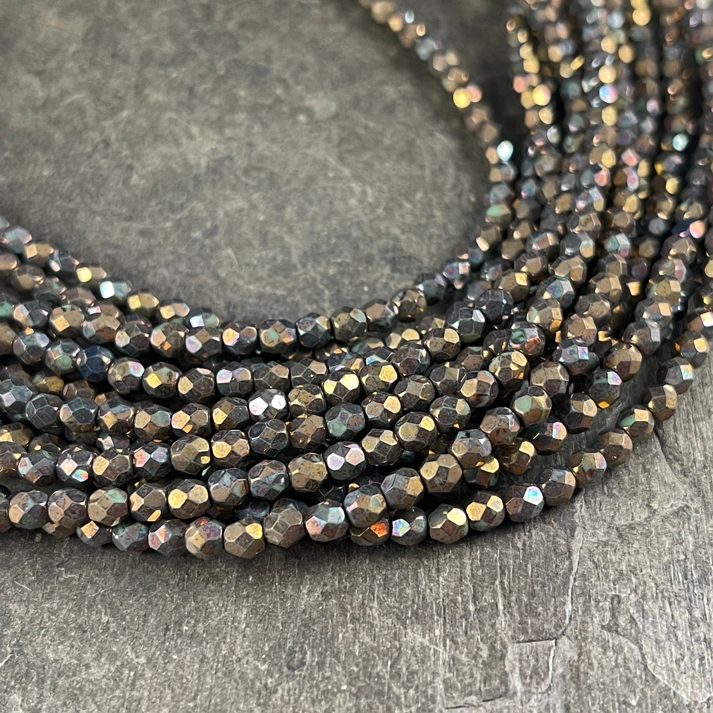 Oxidized Bronze Clay Czech Glass Beads - 4mm Metallic Faceted Round Beads - Bronze Iris Glass Beads (FP4/SM-15768) * Qty. 50