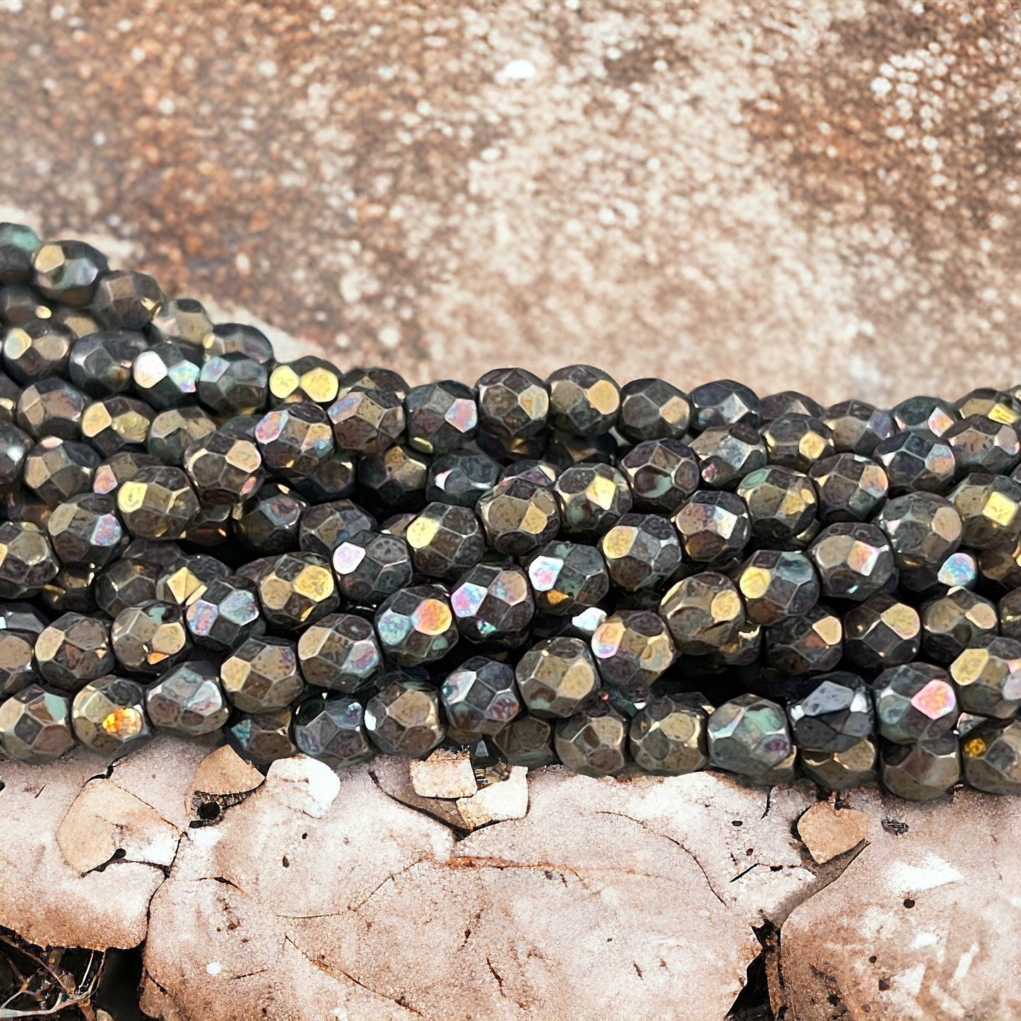 Oxidized Bronze Clay Czech Glass Beads - 4mm Metallic Faceted Round Beads - Bronze Iris Glass Beads (FP4/SM-15768) * Qty. 50