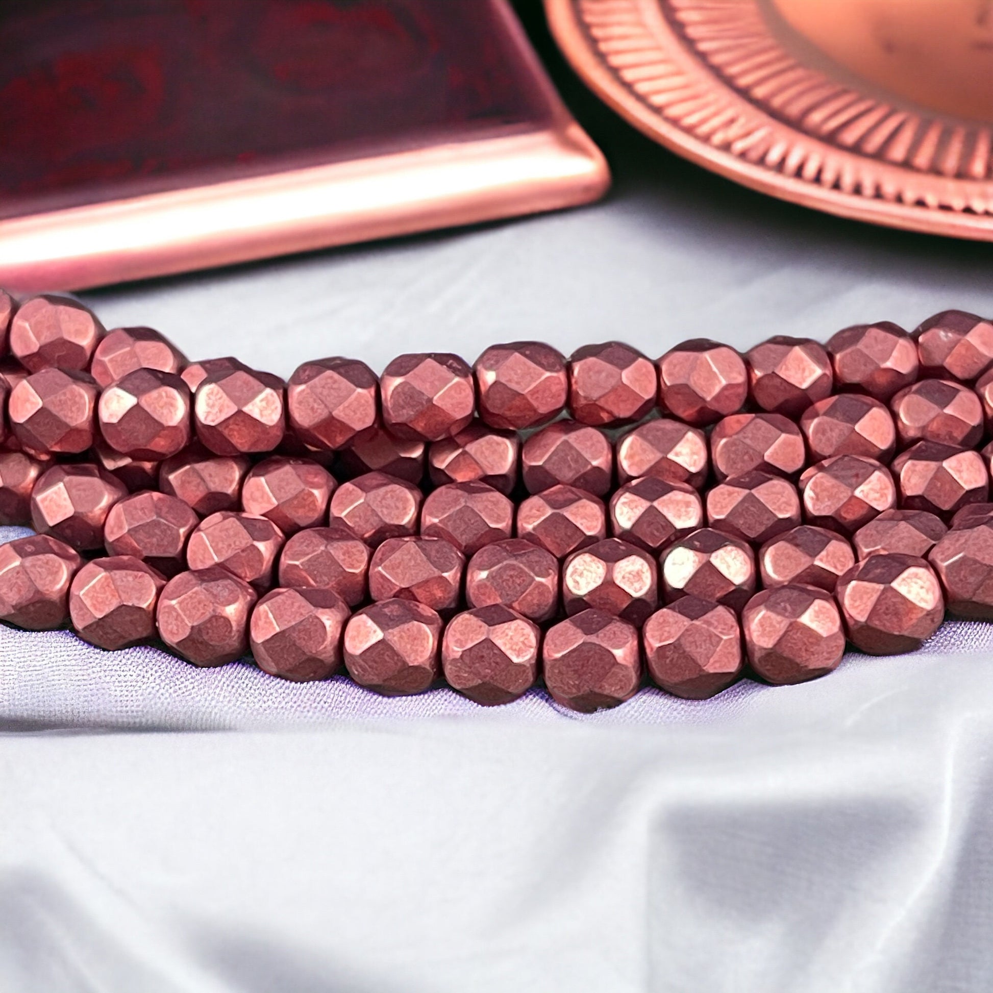 Rose Gold Czech Glass Beads - 6mm Fire Polished Beads, 6mm Faceted Round Beads - Coppery Pink Metallic Beads (FP6/SM-08A02) * Qty. 25