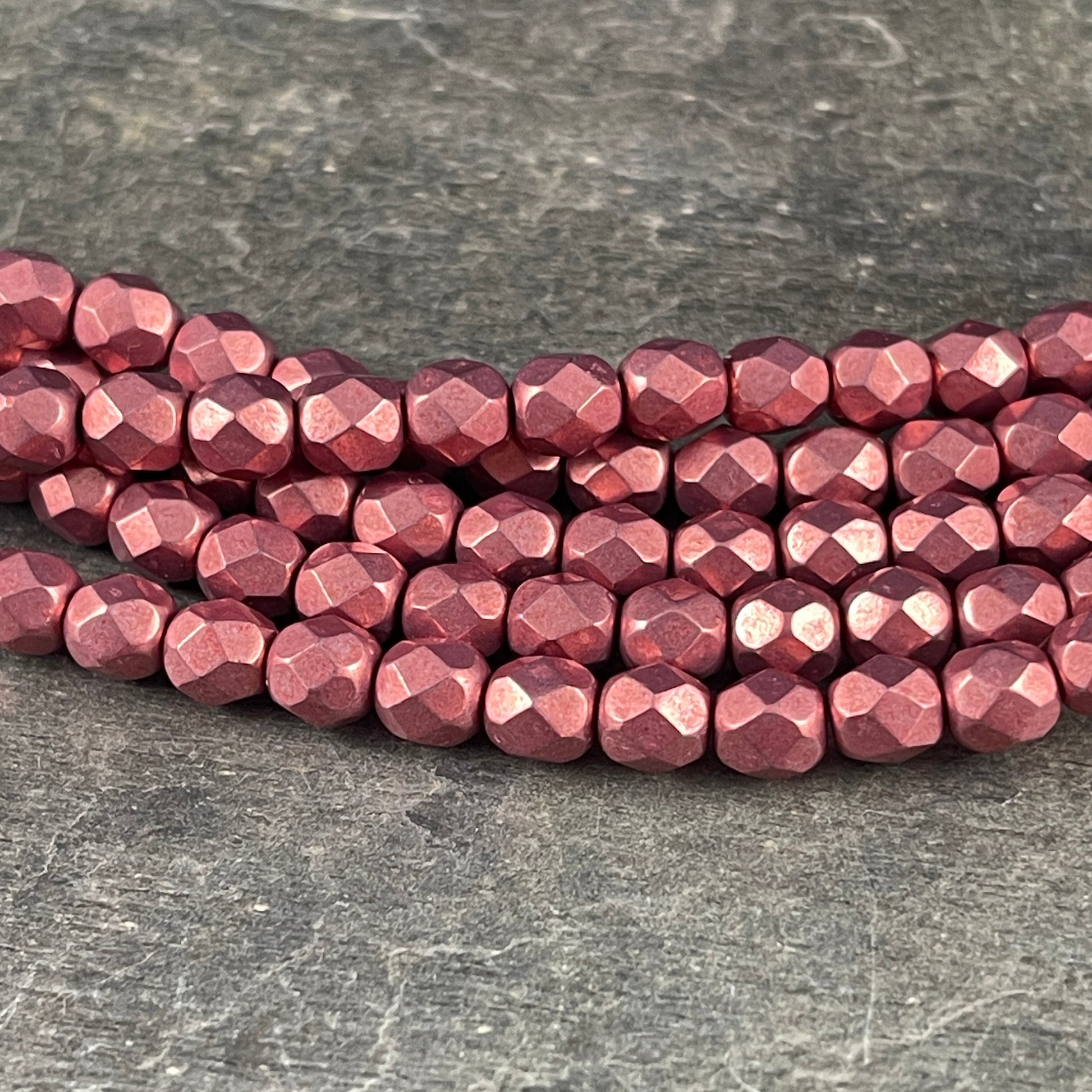 Rose Gold Czech Glass Beads - 6mm Fire Polished Beads, 6mm Faceted Round Beads - Coppery Pink Metallic Beads (FP6/SM-08A02) * Qty. 25