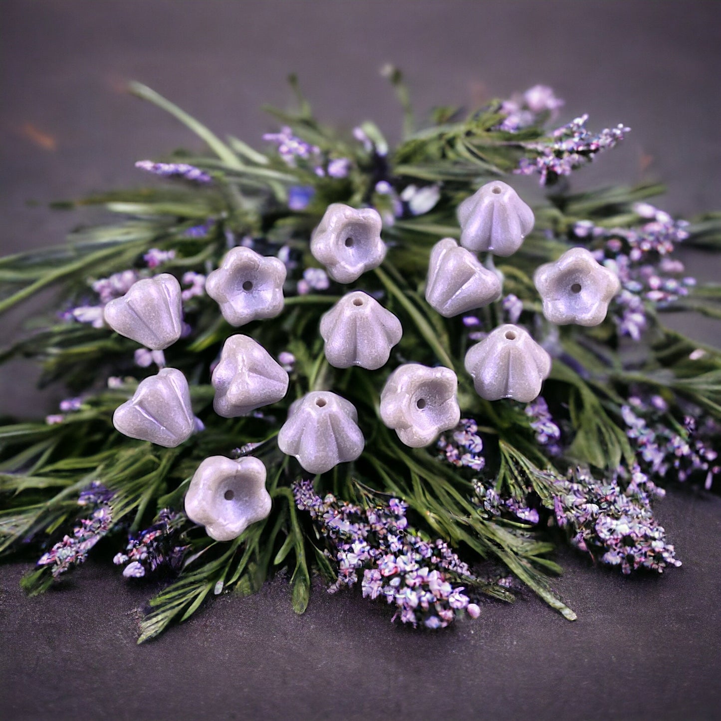 Pale Purple Czech Glass Bell Flower 8x6mm Lavender Flower with Opalescent Finish - Czech Flower Beads (BF/SM-S19C23020) * Qty 12