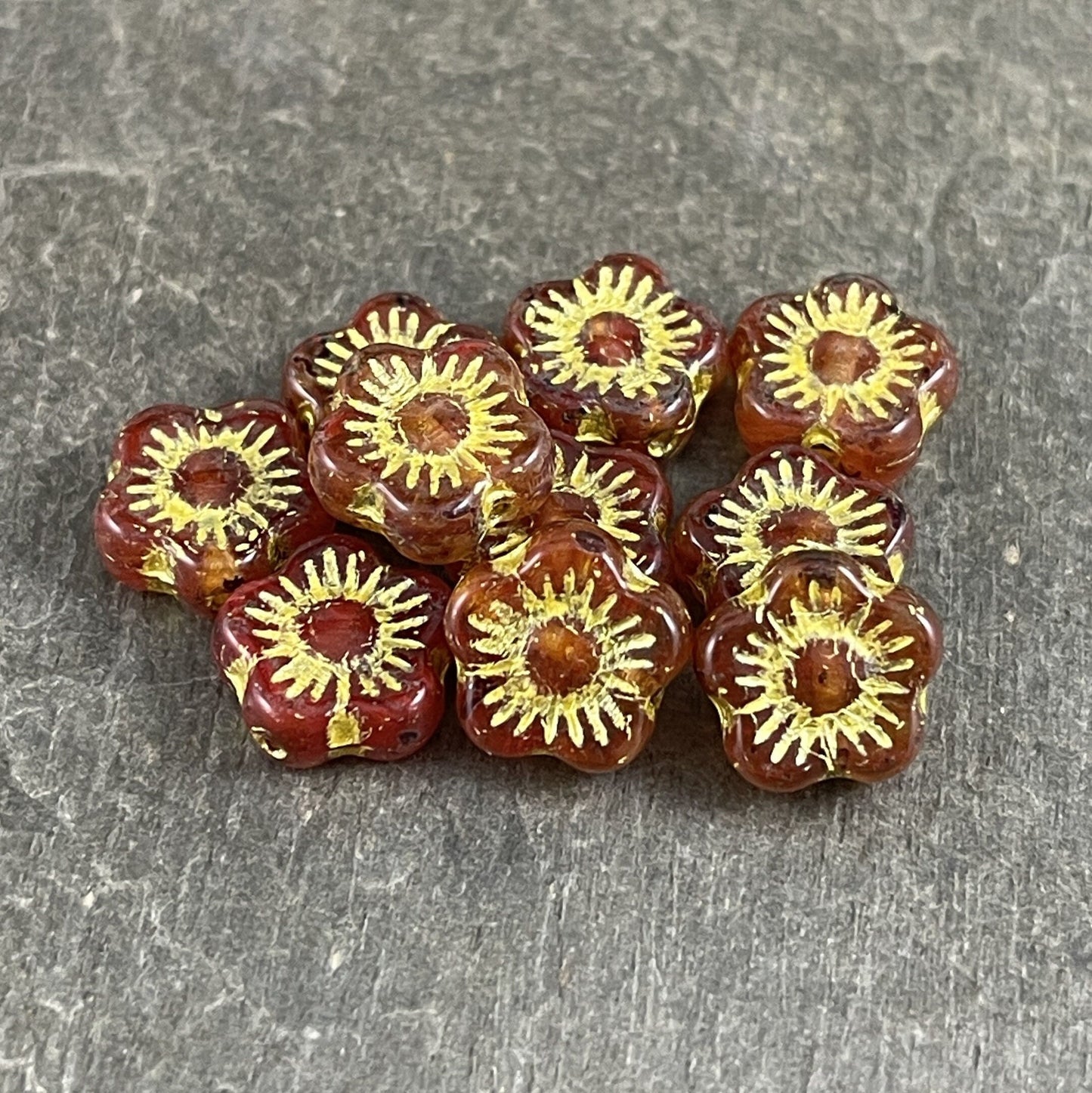 Transparent Reddish Orange Czech Glass Flower Beads 10mm Apple Blossom Flower Bead Czech Glass Beads (AB4) * Qty. 10