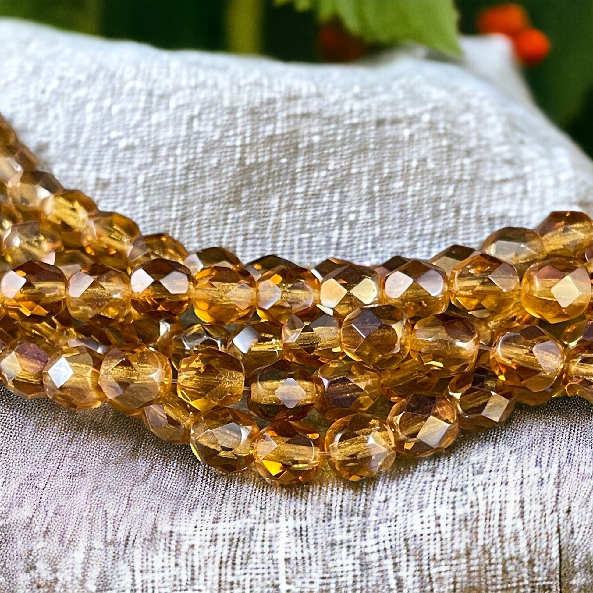 6mm Honey Gold Czech Glass Faceted Round Beads ~ 6mm Gold Topaz Beads ~ Twilight Topaz Transparent Gold (FP6/SM-W1006) * Qty. 25