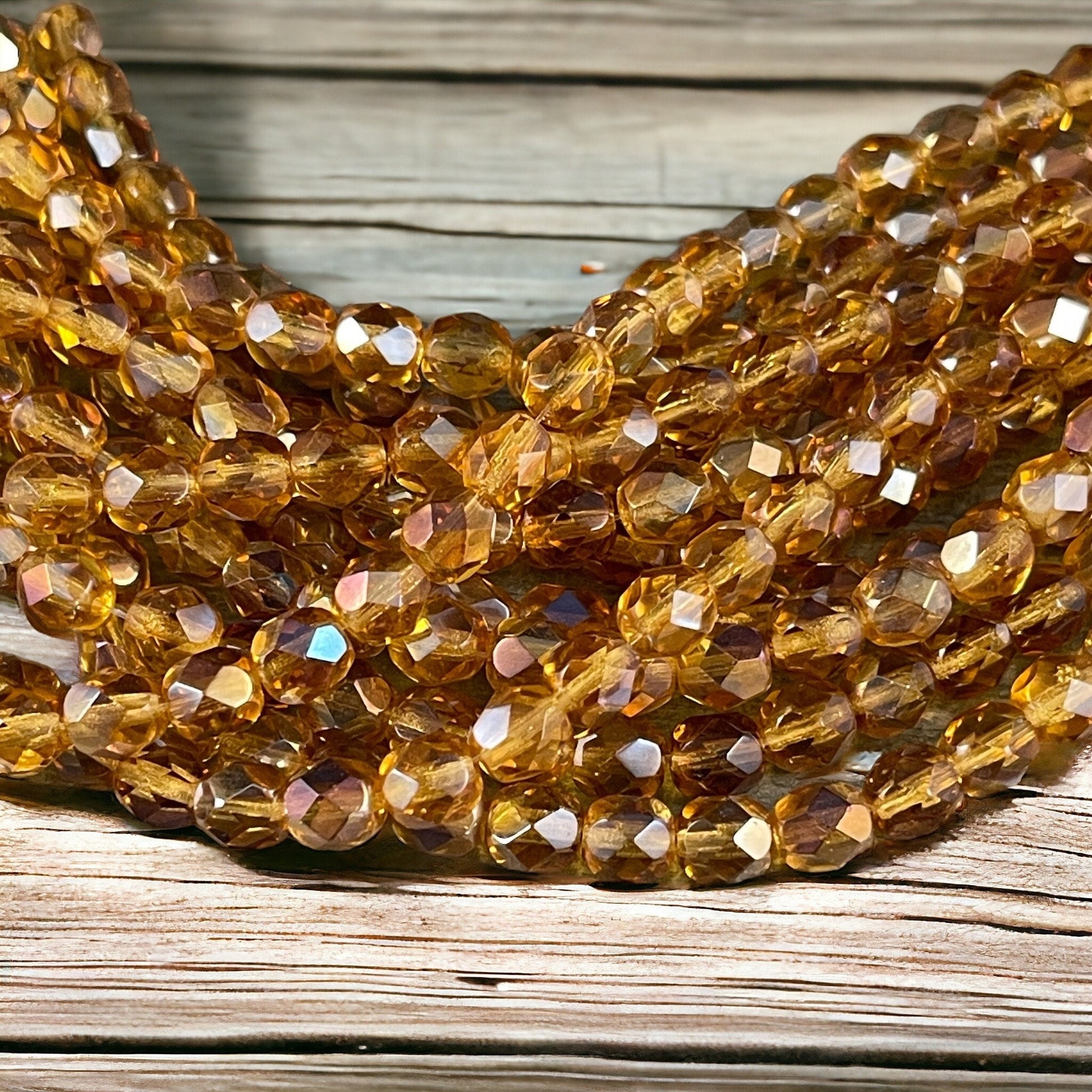 Czech Glass - 6mm Faceted Round Twilight Topaz Transparent Gold Beads (FP6/SM-W1006) * Qty. 25
