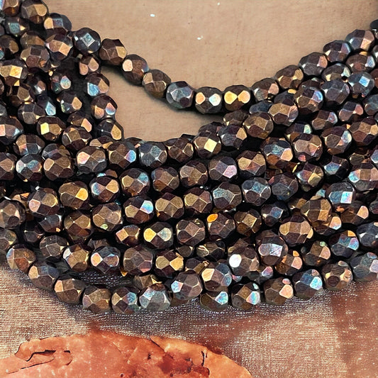 6mm Czech Glass Beads, Oxidized Bronze Clay, 6mm Bronze Iris Faceted Beads, Czech Fire Polished Beads (FP6/SM-15768) - Qty 25