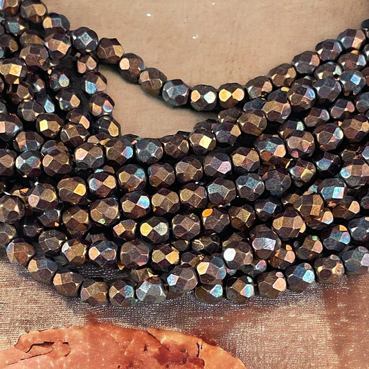 Czech Glass Beads - 6mm Faceted Round Beads, Oxidized Bronze Clay, Bronze Iris (FP6/SM-15768) * Qty. 25