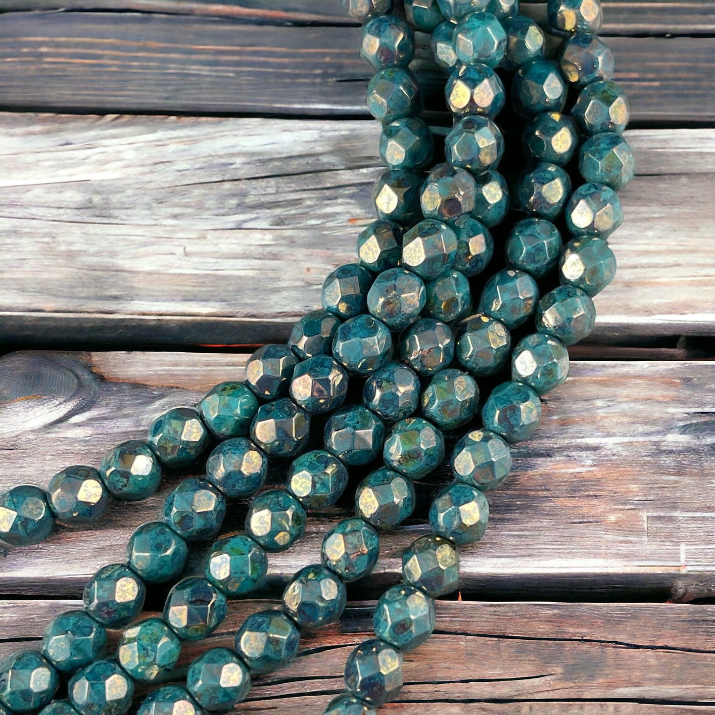 Czech Glass Beads, 6mm Faceted Round Beads - Persian Turquoise with Bronze Picasso Fire Polished Beads (FP6/SM-BT6315) * Qty. 25