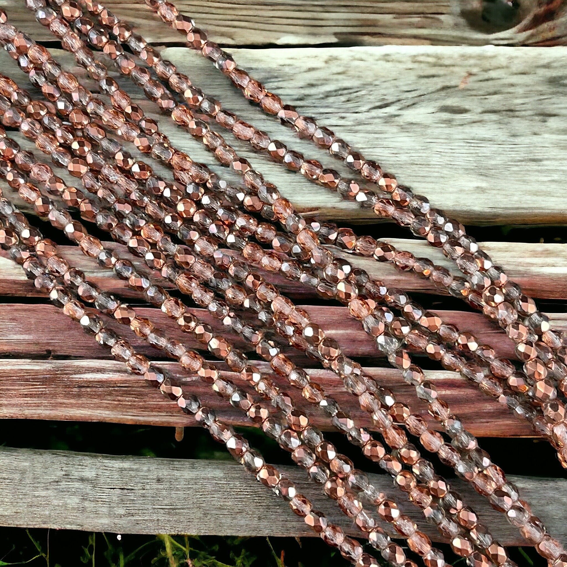 Crystal with Rose Gold Metallic Half Coat 4mm Faceted Round Beads - Clear and Rose Gold Beads (FP4/SM-27101) * Qty. 50