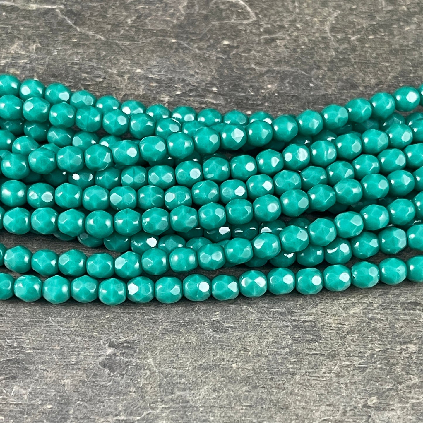 Turquoise Green Czech Glass Beads, 4mm Fire Polished Faceted Round Beads - Persian Turquoise Opaque (FP4/SM-6315) * Qty. 50