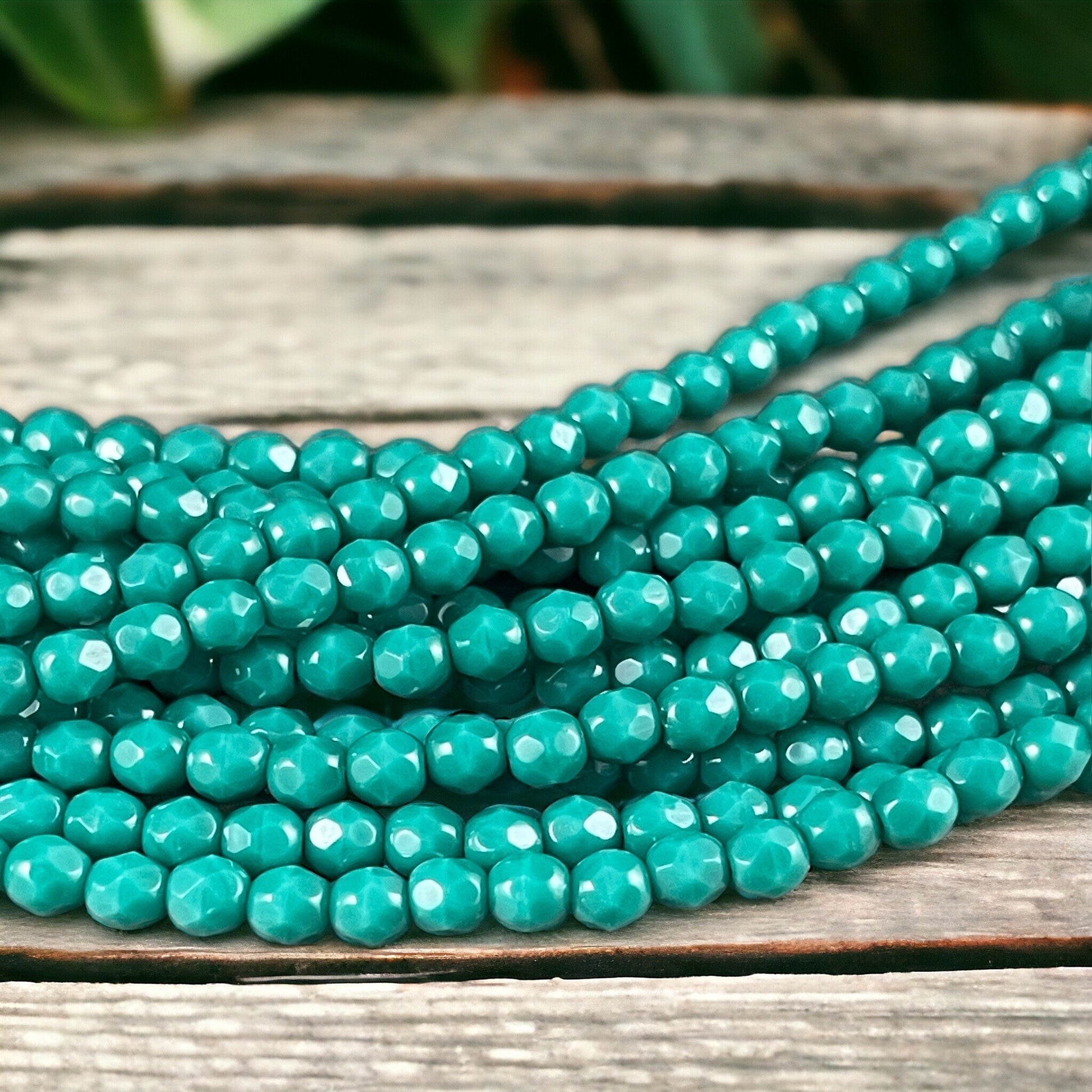 Turquoise Green Czech Glass Beads, 4mm Fire Polished Faceted Round Beads - Persian Turquoise Opaque (FP4/SM-6315) * Qty. 50