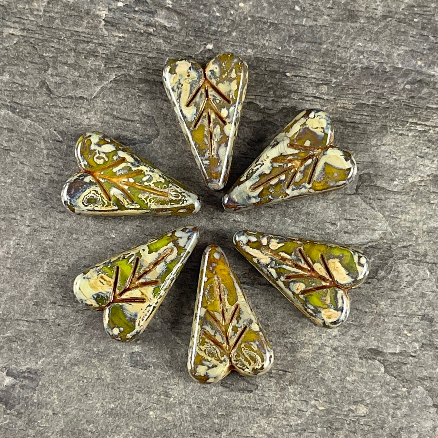 Yellow Opal Picasso Czech Glass Elongated Heart Shape Beads ~ 16x11mm Heart Leaf Bead with Travertine Picasso (PHL-6) * Qty. 6