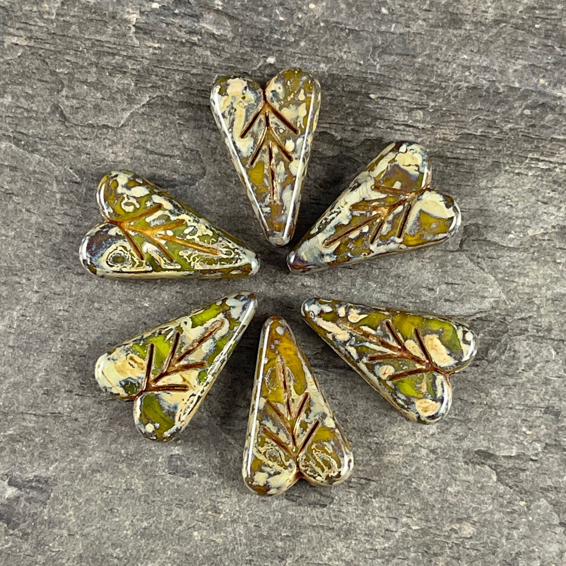 Yellow Opal Picasso Czech Glass Elongated Heart Shape Beads ~ 16x11mm Heart Leaf Bead with Travertine Picasso (PHL-6) * Qty. 6