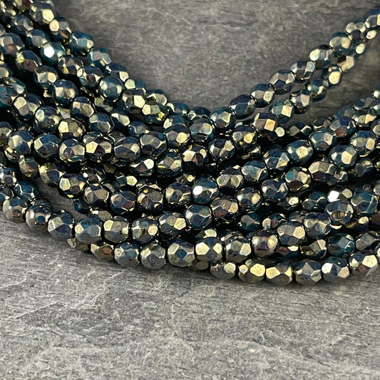 Turquoise with Bronze Picasso Finish, 4mm Czech Glass Fire Polished Faceted Round Beads, Persian Turquoise Picasso (FP4/SM-BT6315) * Qty. 50