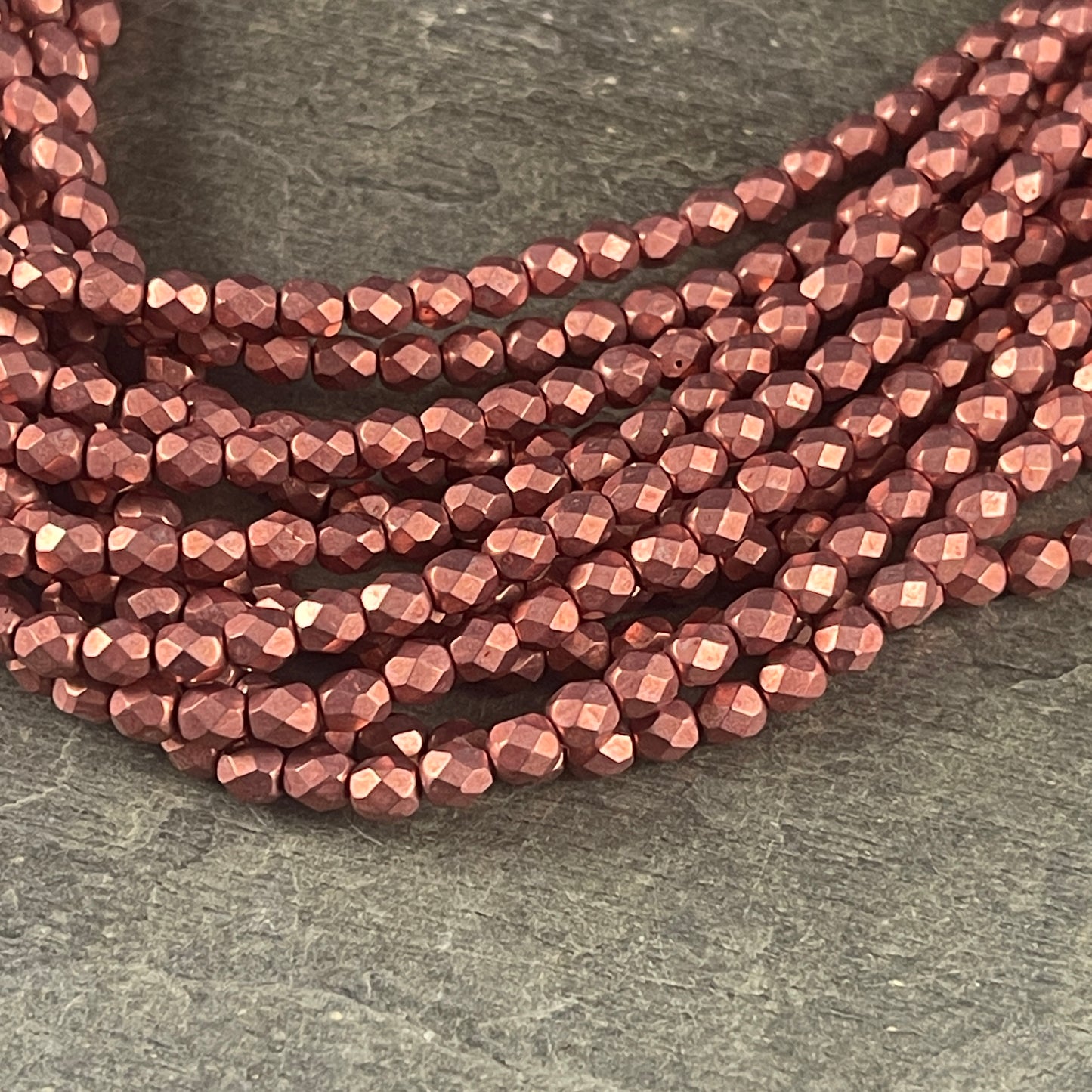 Rose Gold Czech Glass Beads - 4mm Fire Polished Beads Faceted Round Beads - Coppery Pink Metallic Beads (FP4/SM-08A02) * Qty. 50