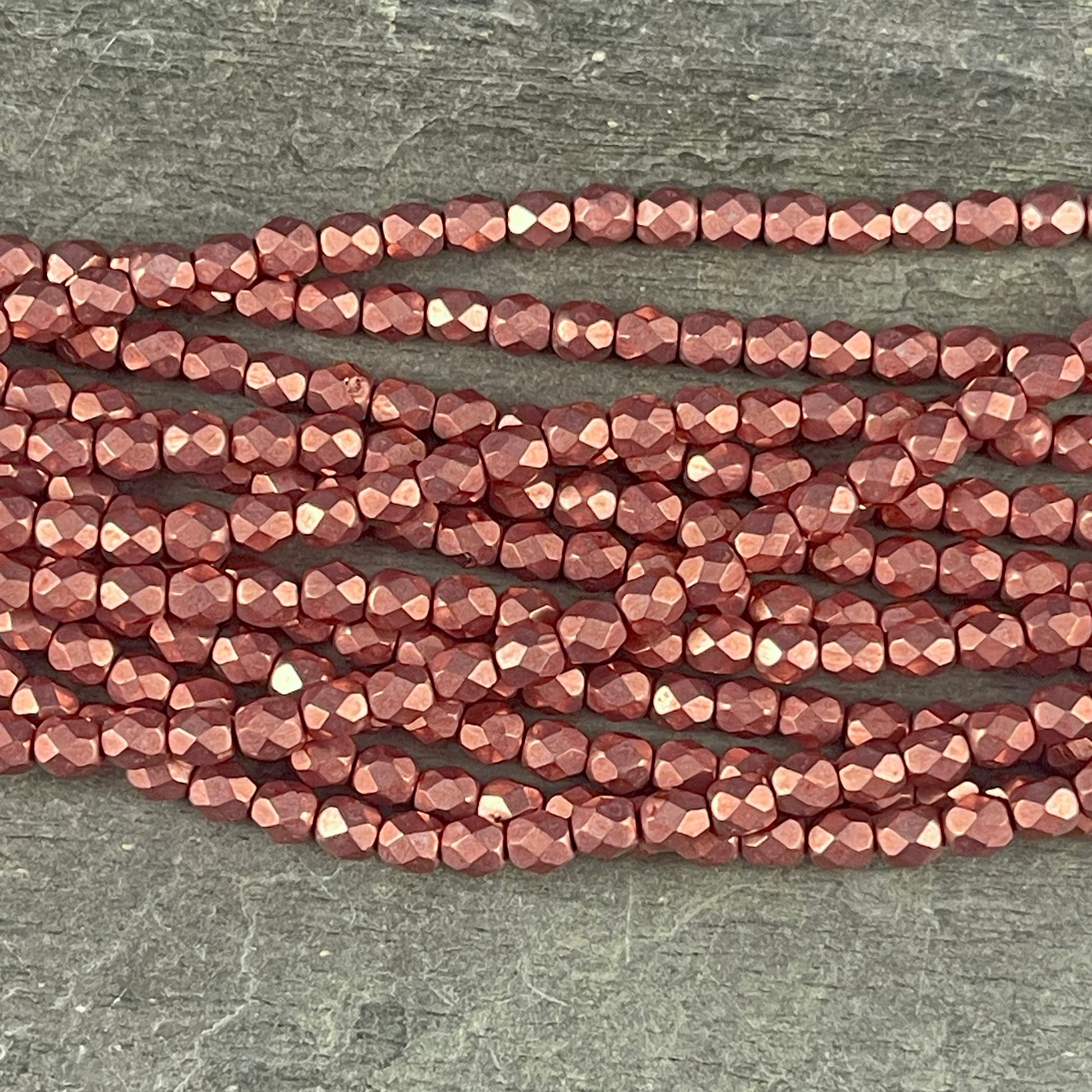 Rose Gold Czech Glass Beads - 4mm Fire Polished Beads Faceted Round Beads - Coppery Pink Metallic Beads (FP4/SM-08A02) * Qty. 50