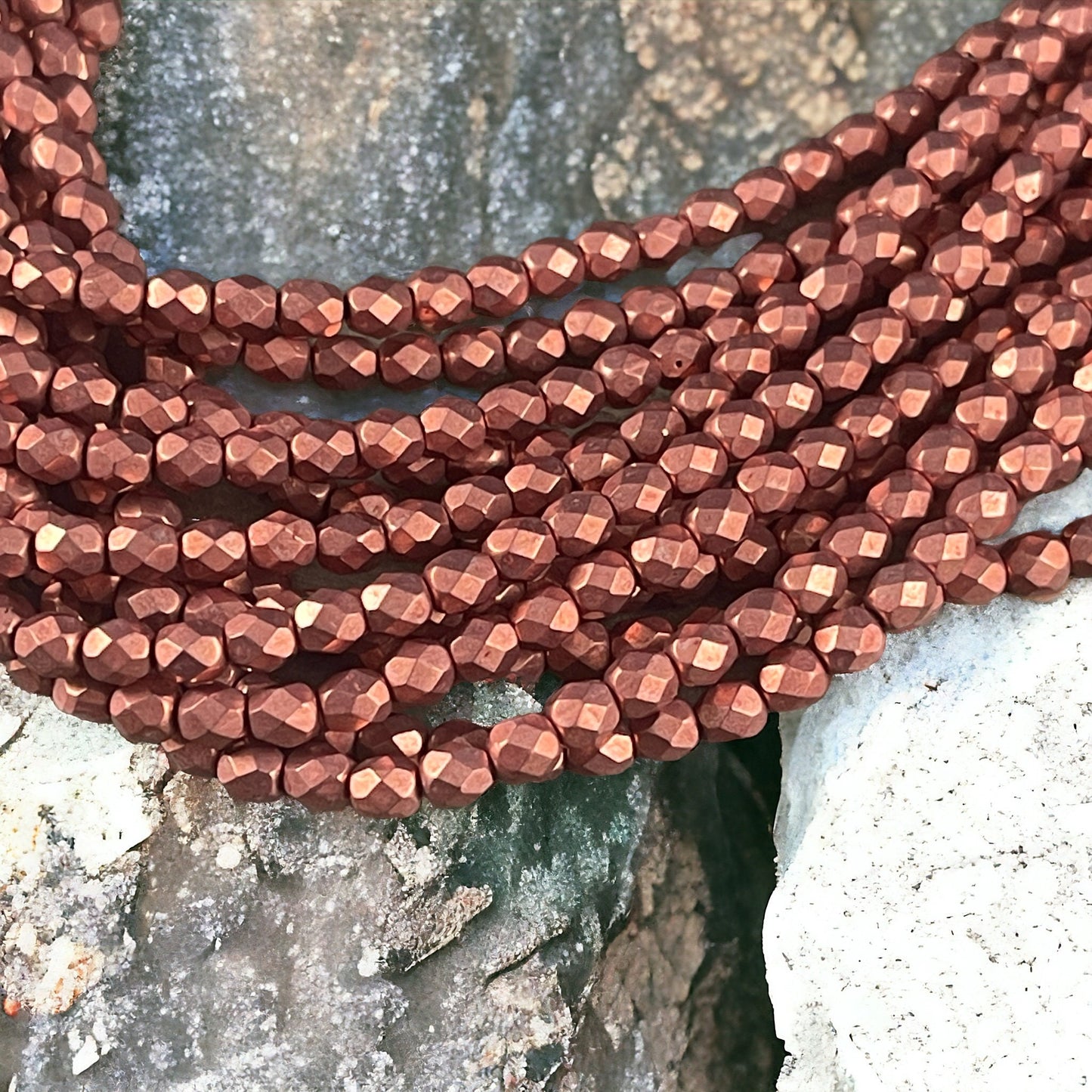 Rose Gold Czech Glass Beads, 4mm Fire Polished Beads Faceted Round Beads - Coppery Pink Metallic Beads (FP4/SM-08A02) * Qty. 50