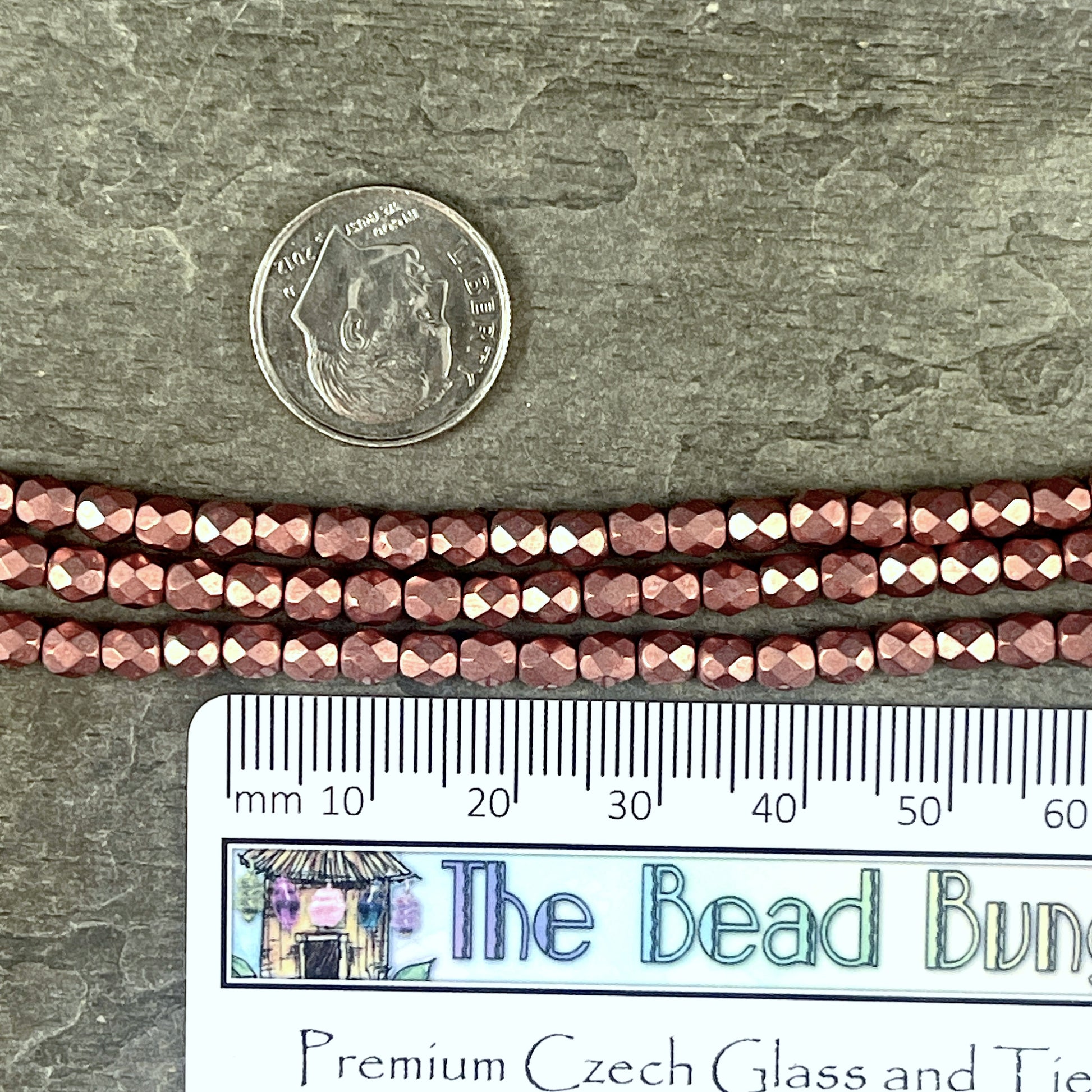 Rose Gold Czech Glass Beads - 4mm Fire Polished Beads Faceted Round Beads - Coppery Pink Metallic Beads (FP4/SM-08A02) * Qty. 50