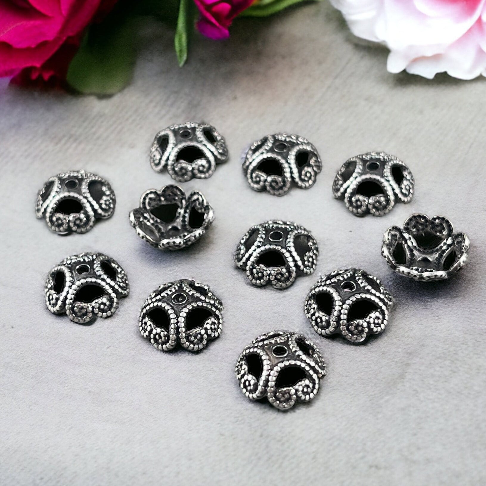 8mm Filigree Bead Caps, Silver Bead Caps, Antiqued Silver Bead Caps, 8mm Bead Caps, Oxidized Silver Bead Caps (VJS-R37) * Qty. 6