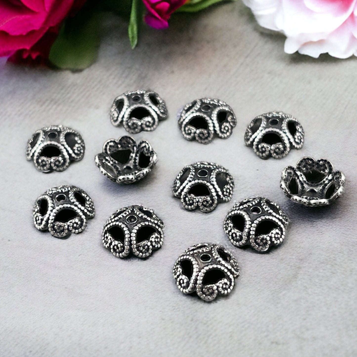 8mm Filigree Bead Caps, Silver Bead Caps, Antiqued Silver Bead Caps, 8mm Bead Caps, Oxidized Silver Bead Caps (VJS-R37) * Qty. 8