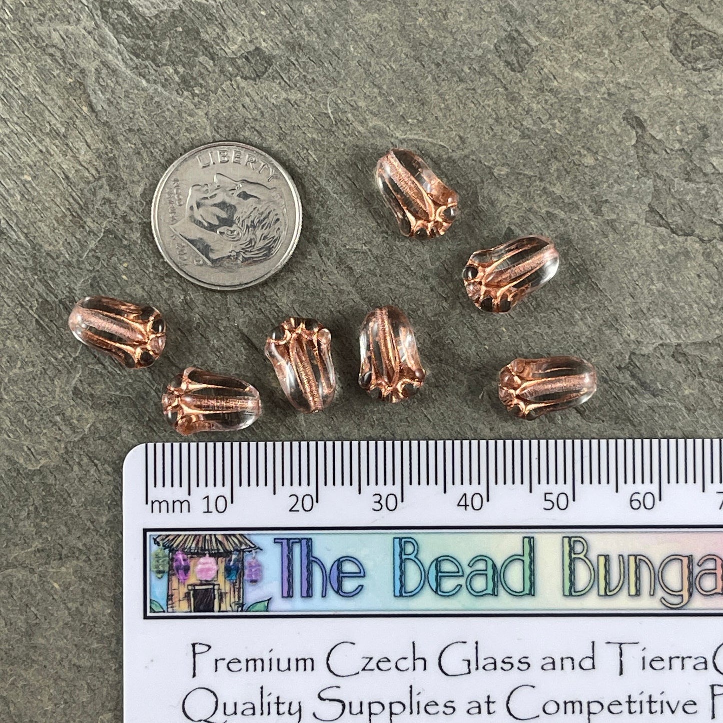 Czech Glass Flower Beads, 12x8mm Lily Bud, Clear Glass with Copper Wash (LBud31) * Qty. 12