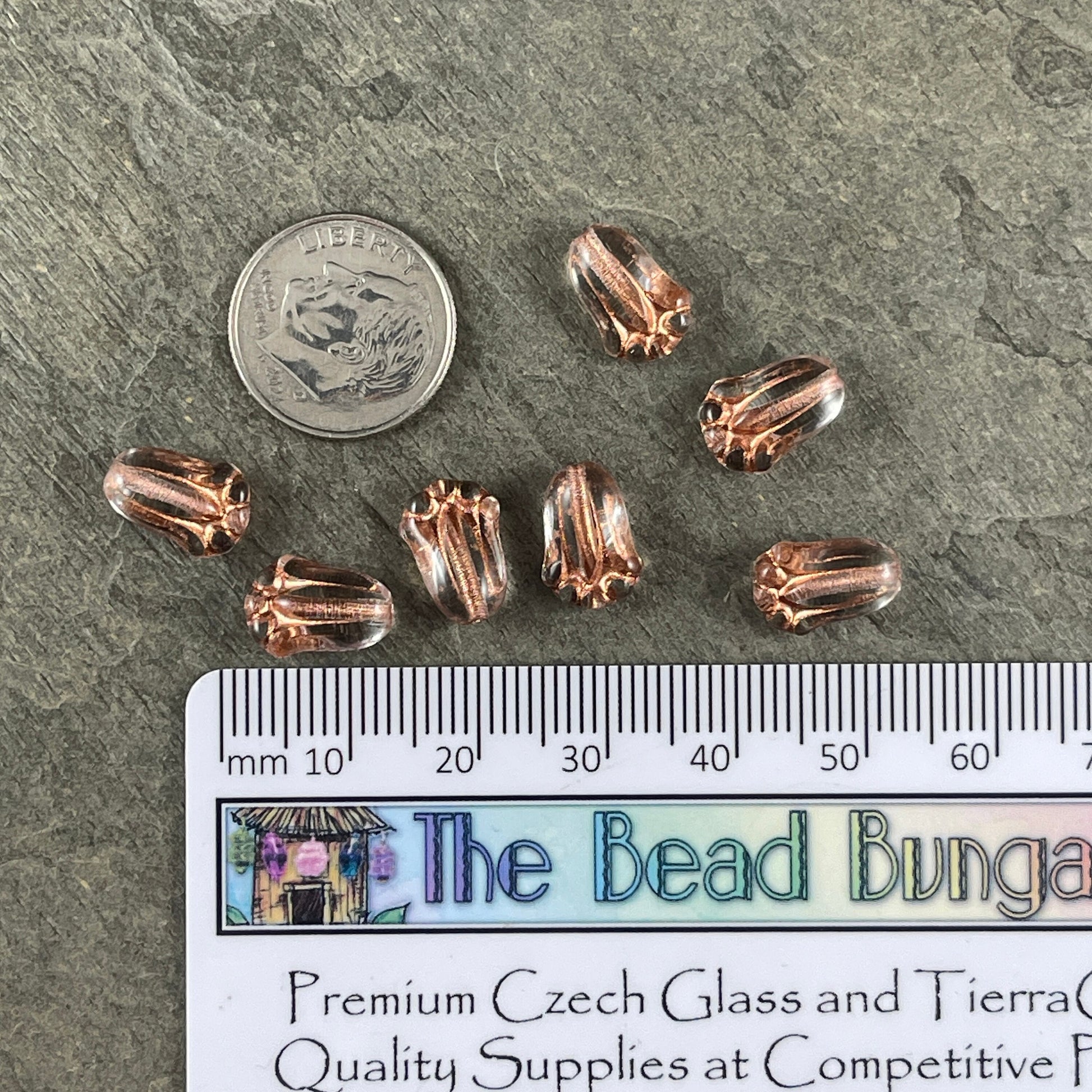 Czech Glass Flower Beads, 12x8mm Lily Bud, Clear Glass with Copper Wash (LBud31) * Qty. 12
