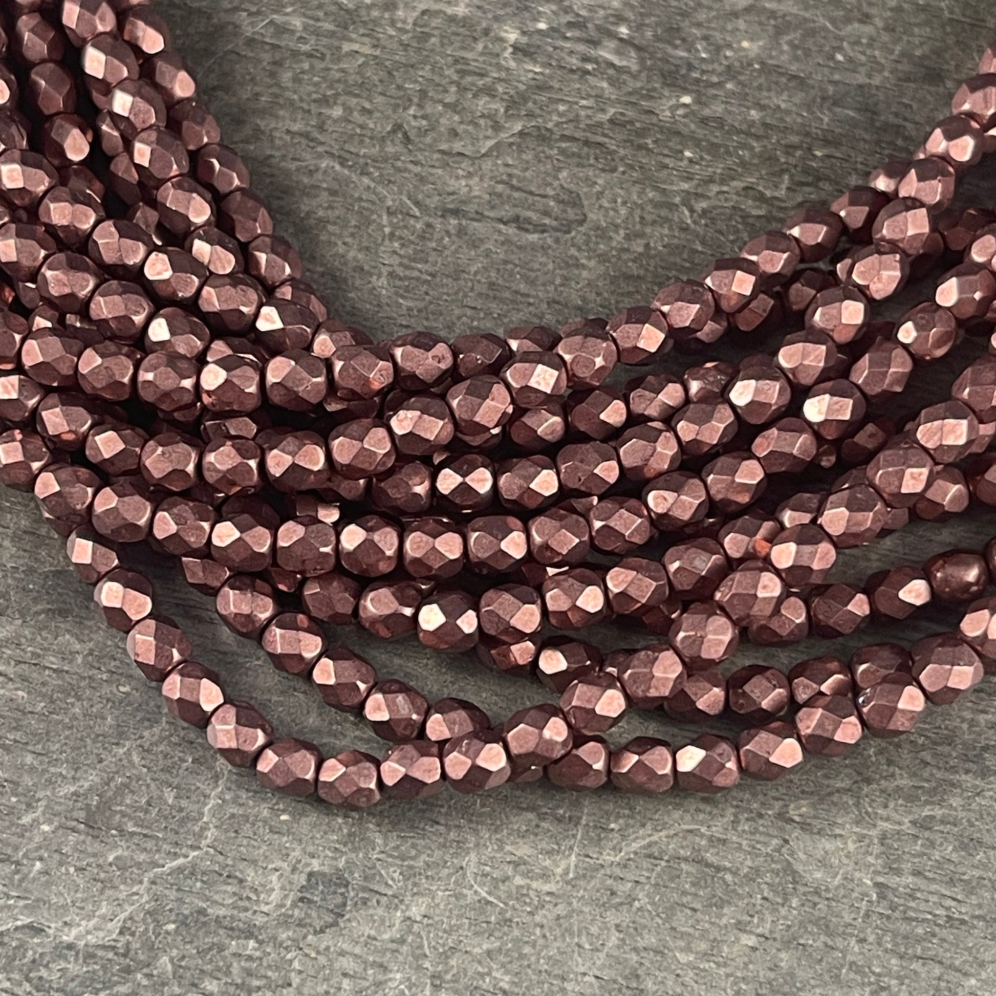 Chestnut Brown 4mm Faceted Round Czech Glass Beads, Golden Ash Rose Satin Metallic Finish (FP4/SM-08A01) * Qty. 25