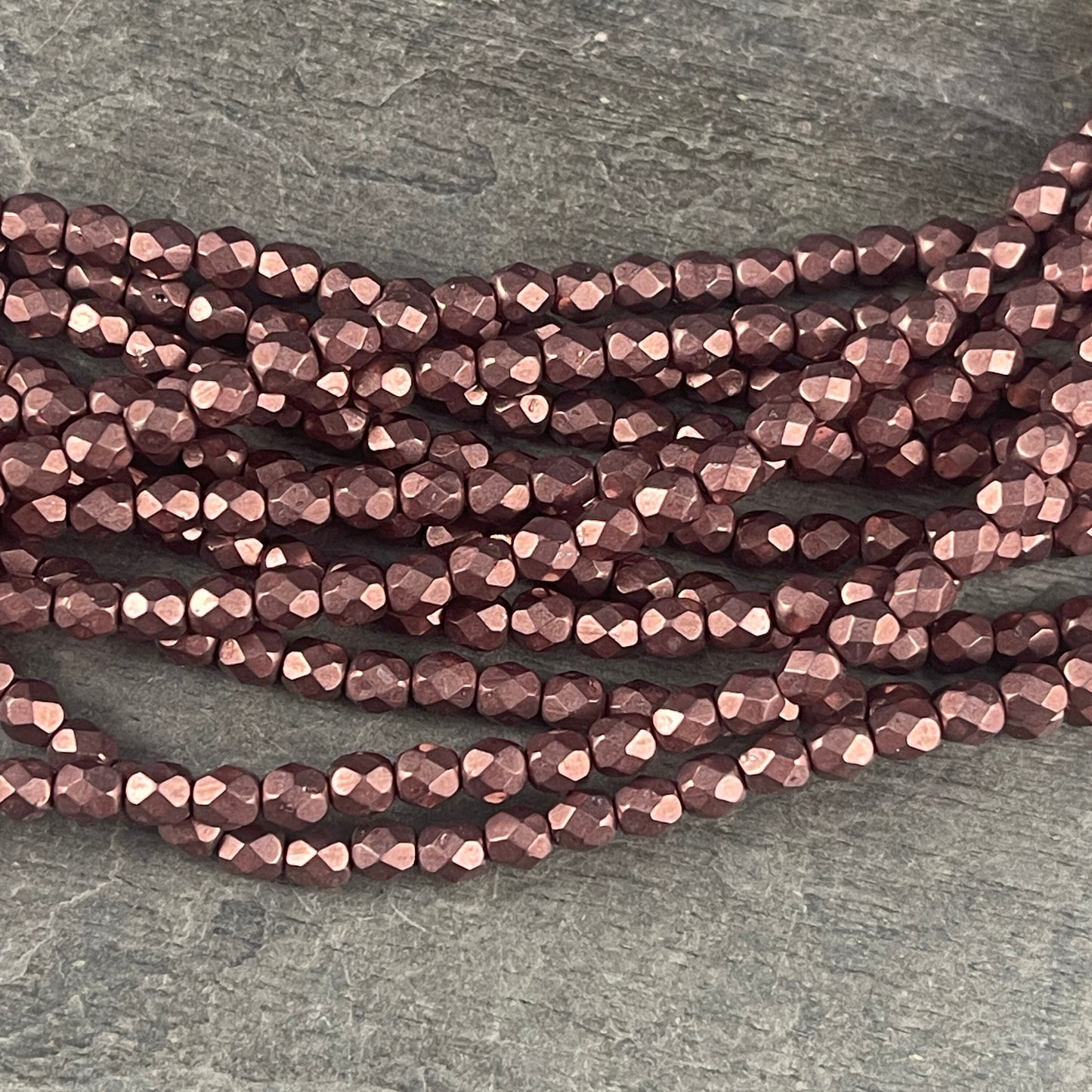 Chestnut Brown 4mm Faceted Round Czech Glass Beads, Golden Ash Rose Satin Metallic Finish (FP4/SM-08A01) * Qty. 25