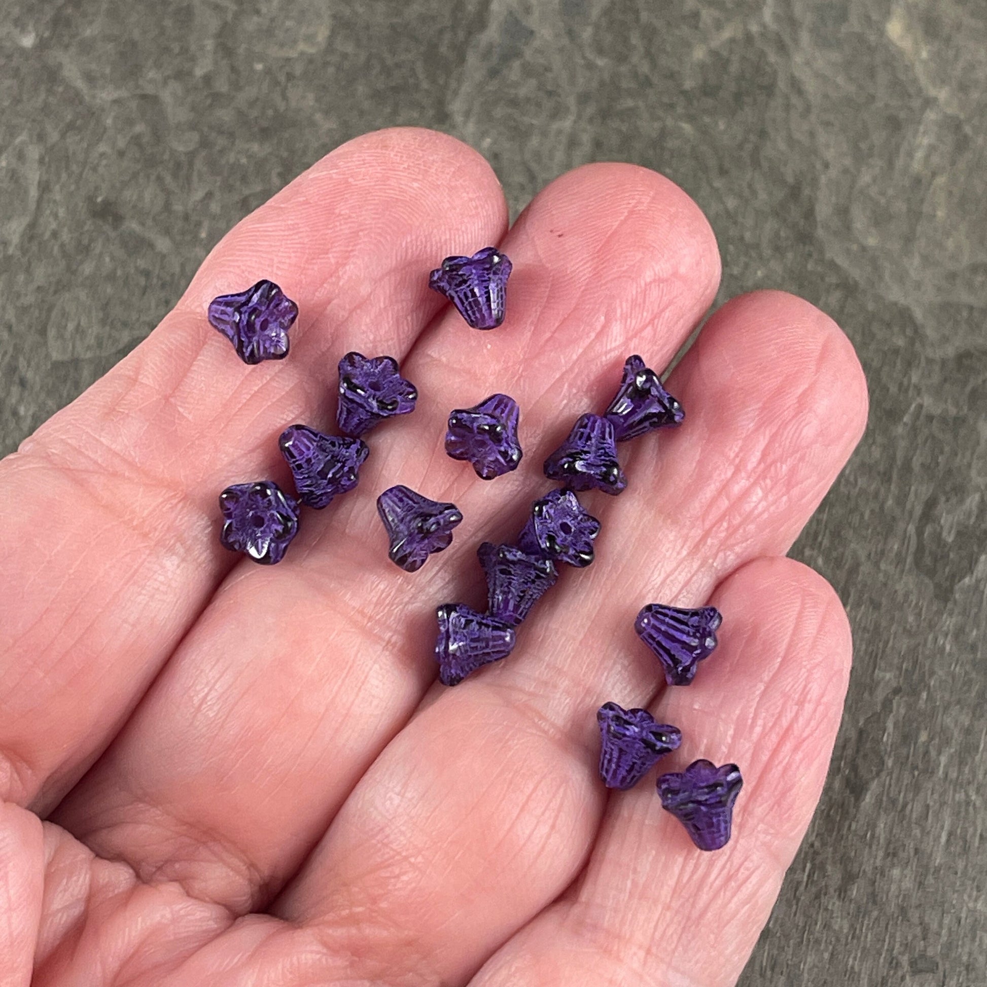 6x5mm Tiny Purple Trumpet Flower, Czech Glass Beads ~ Dark Purple Bell Flower with Purple Wash (N-0800) * Qty. 30