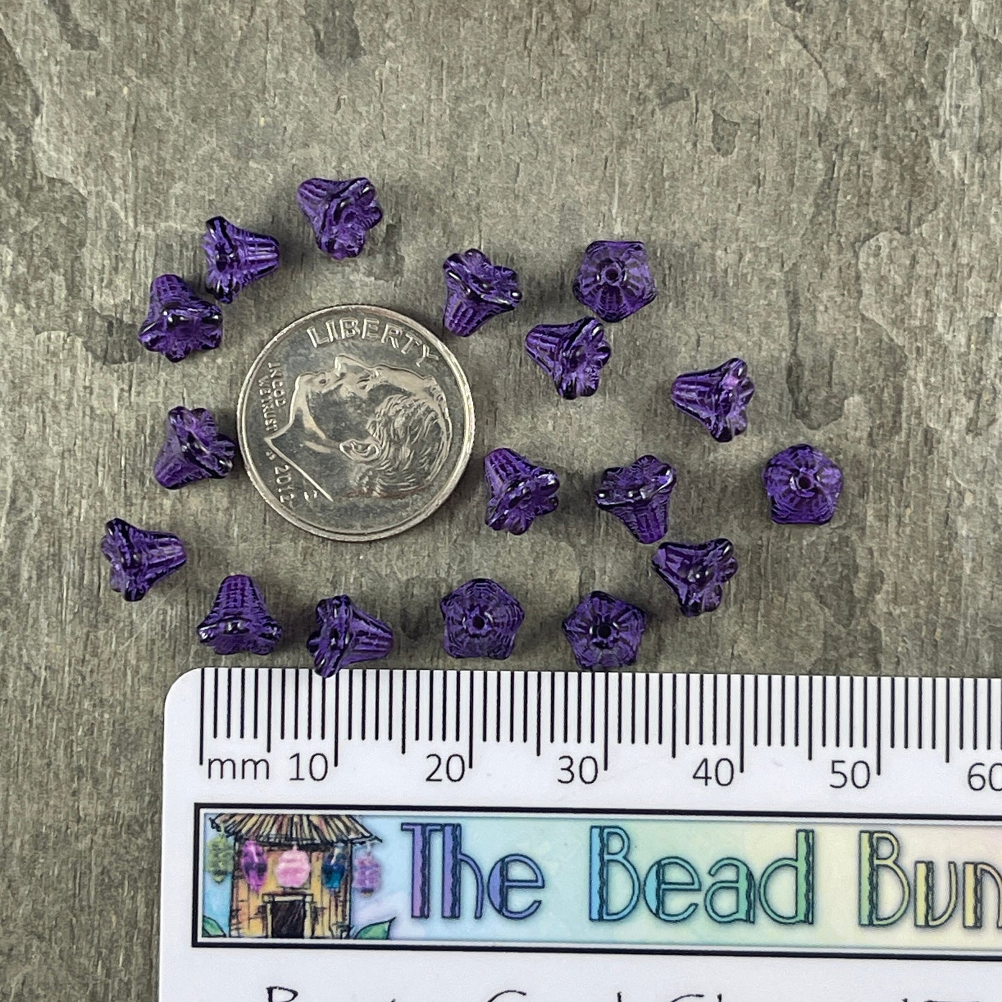 6x5mm Tiny Purple Trumpet Flower, Czech Glass Beads ~ Dark Purple Bell Flower with Purple Wash (N-0800) * Qty. 30