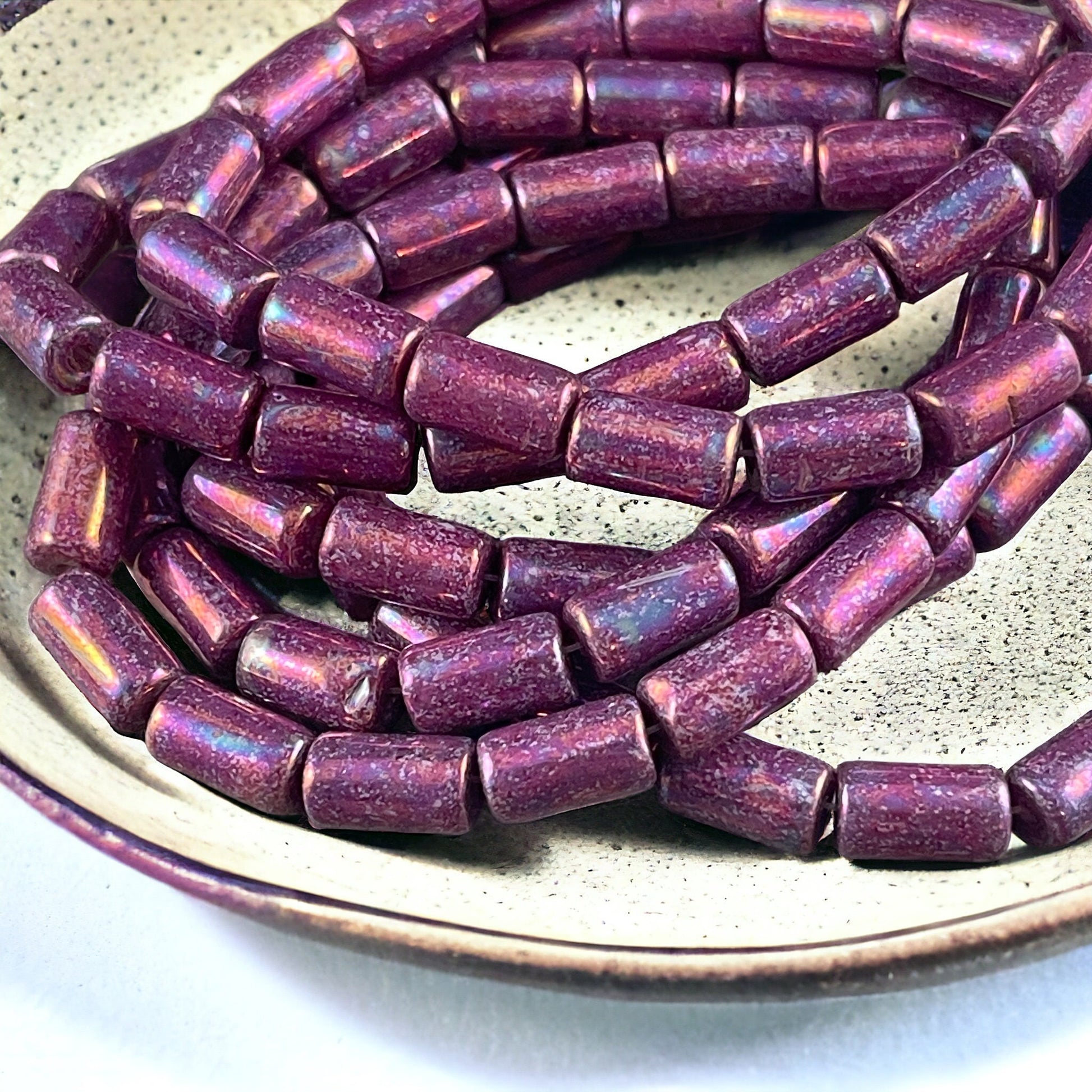 Czech Glass Beads - Iridescent Purple 9x5mm Tube Bead, Purple Glass with Mother of Pearl Finish (TBE/N-0411) * Qty. 16