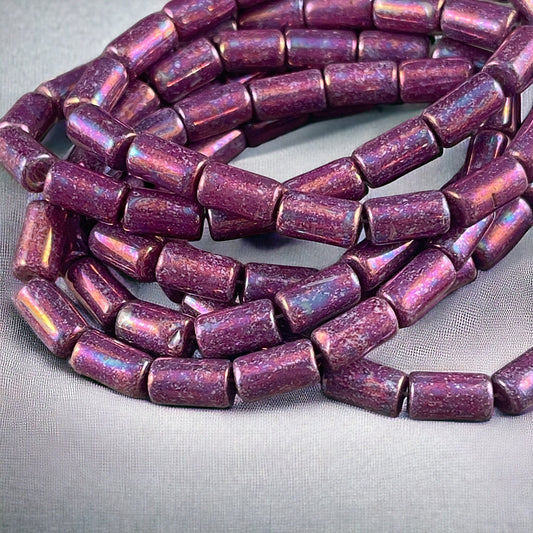 Iridescent Purple Czech Glass Beads ~ 9x5mm Tube Bead ~ Purple Glass with Mother of Pearl Finish (0411) * Qty. 16