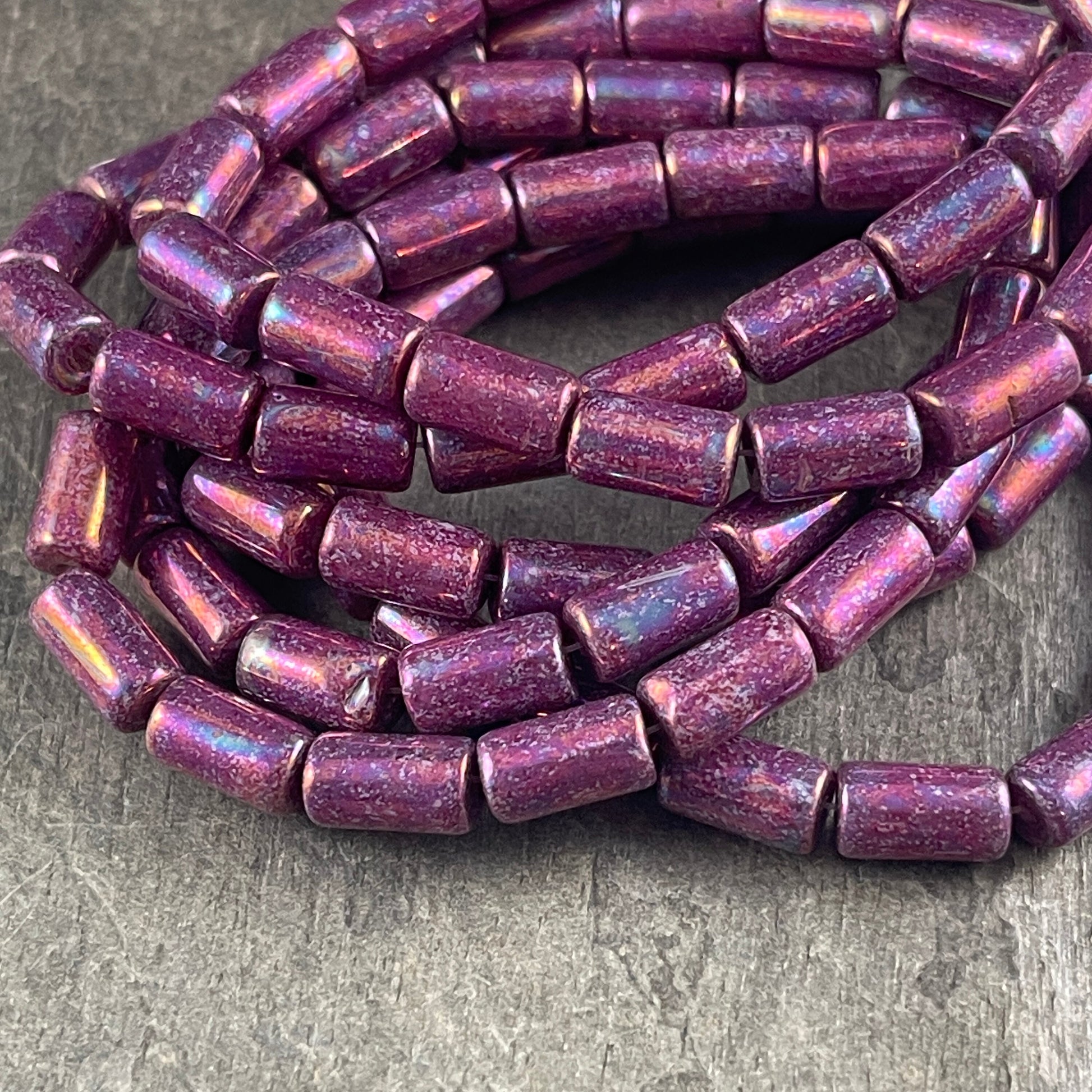 Iridescent Purple Czech Glass Beads ~ 9x5mm Tube Bead ~ Purple Glass with Mother of Pearl Finish (0411) * Qty. 16