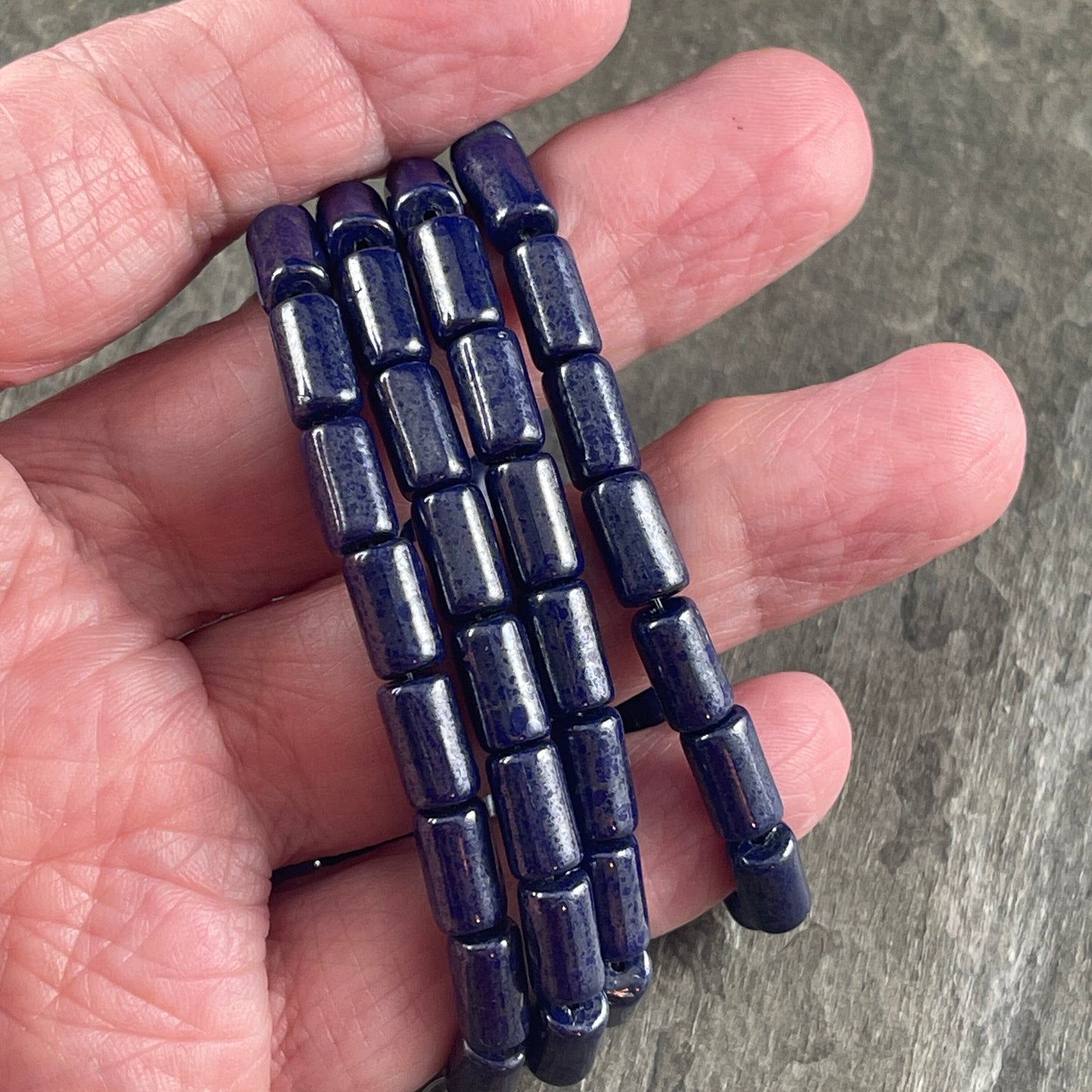 Dark Blue Czech Glass Beads ~ 9x5mm Tube Bead ~ Dark Blue, Opaque Sapphire with Silver Picasso Finish (0405) * Qty. 16