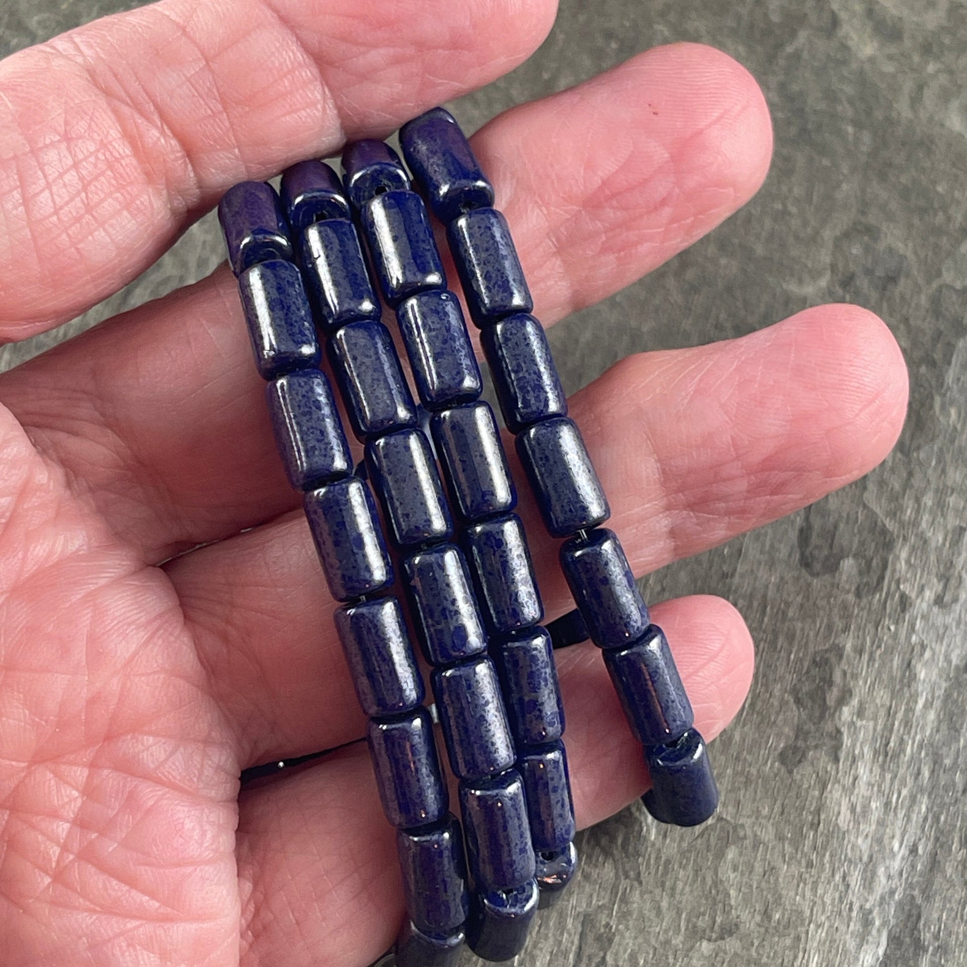 Dark Blue Czech Glass Beads ~ 9x5mm Tube Bead ~ Dark Blue, Opaque Sapphire with Silver Picasso Finish (0405) * Qty. 16
