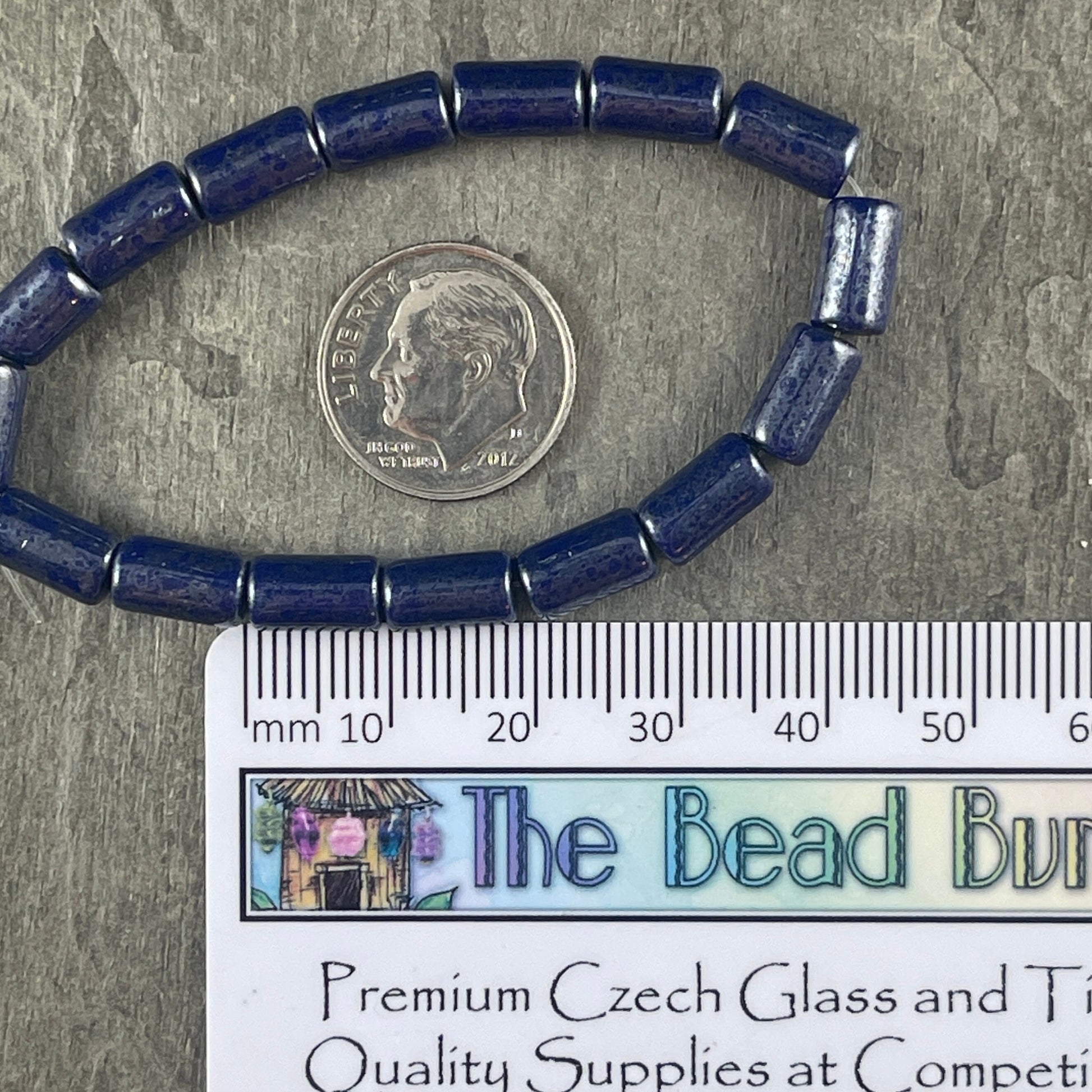 Dark Blue Czech Glass Beads ~ 9x5mm Tube Bead ~ Dark Blue, Opaque Sapphire with Silver Picasso Finish (0405) * Qty. 16
