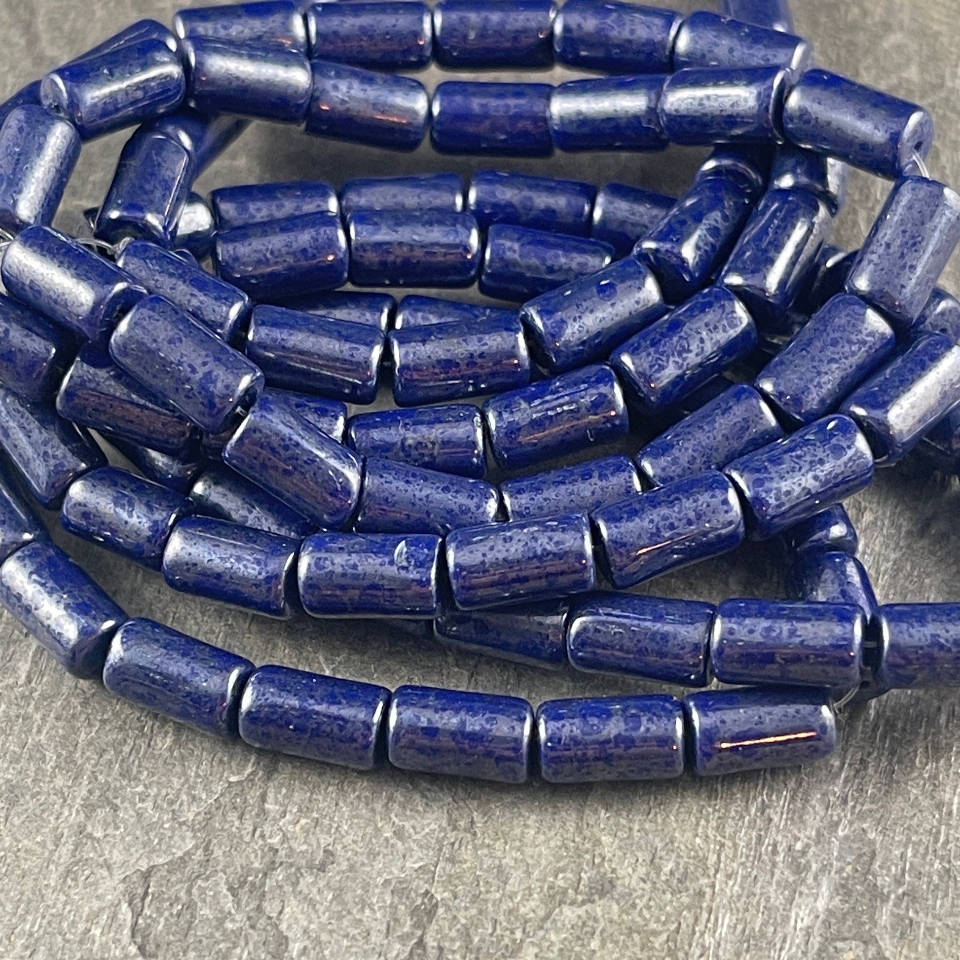 Dark Blue Czech Glass Beads ~ 9x5mm Tube Bead ~ Dark Blue, Opaque Sapphire with Silver Picasso Finish (0405) * Qty. 16