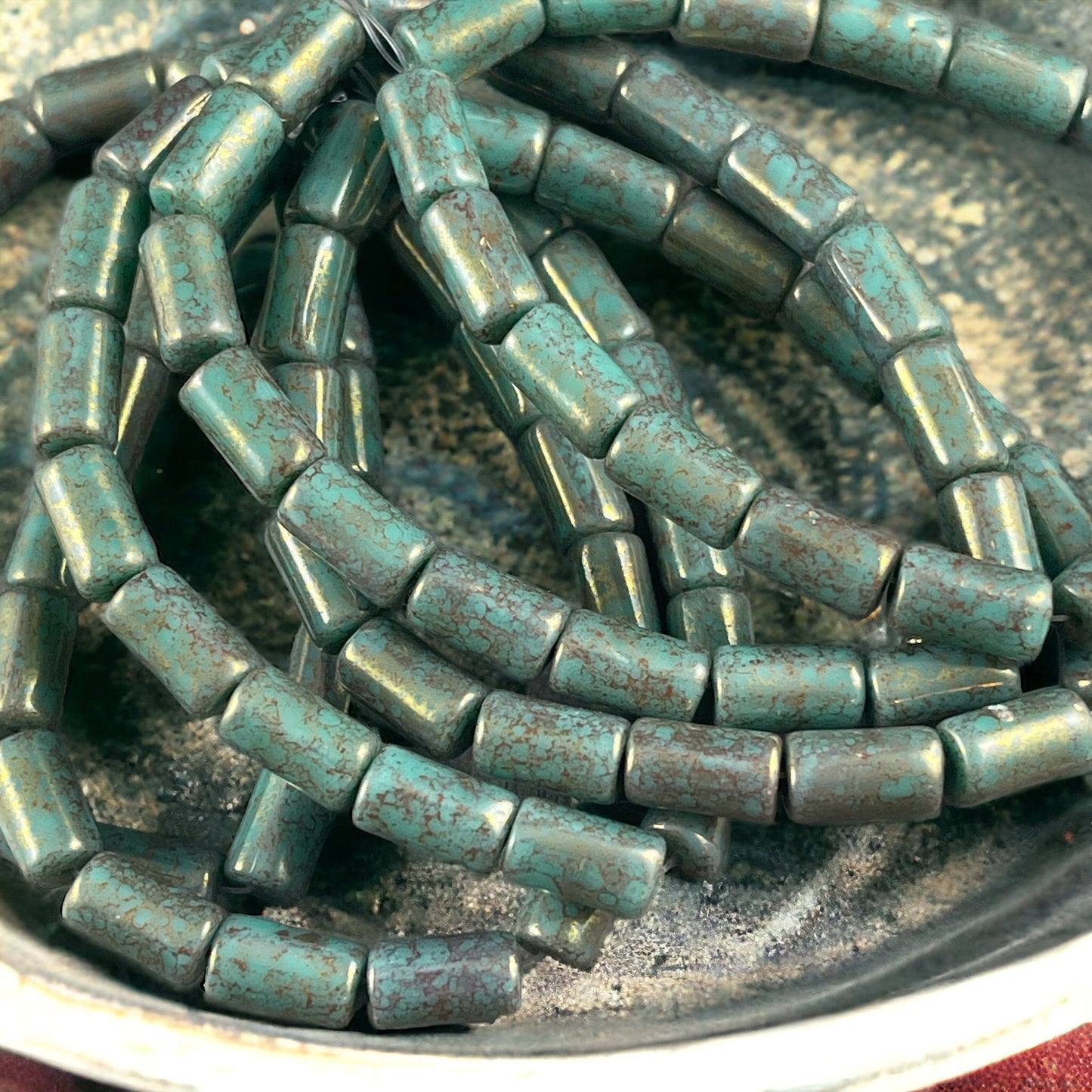 Czech Glass Beads - Turquoise Picasso 9x5mm Tube Bead, Turquoise with Bronze Picasso Finish (TBE/N-0533) * Qty. 16