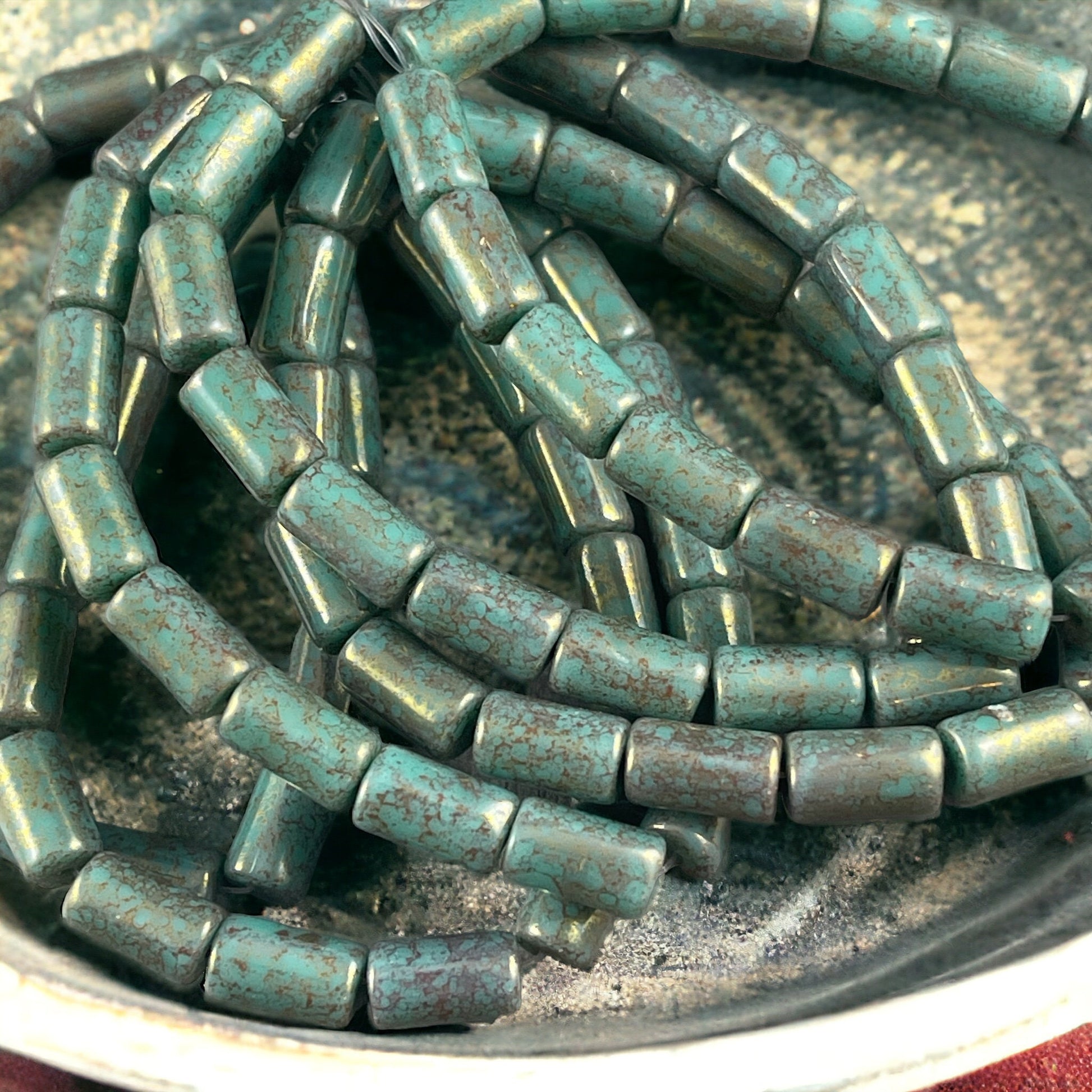 Czech Glass Beads - Turquoise Picasso 9x5mm Tube Bead, Turquoise with Bronze Picasso Finish (TBE/N-0533) * Qty. 16