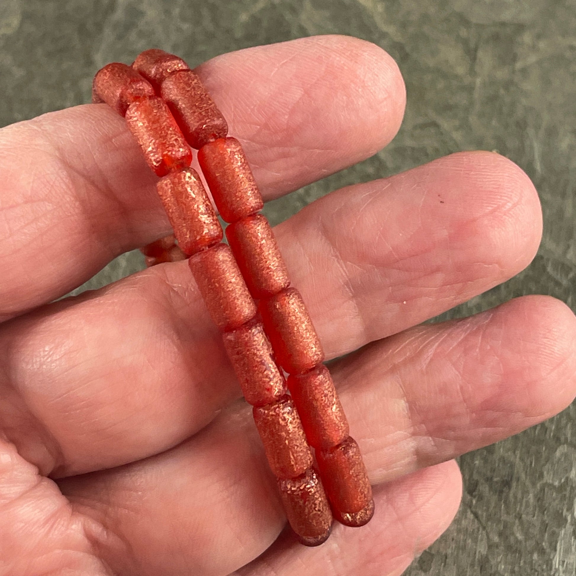 Etched Ruby Red Czech Glass Beads ~ 9x5mm Tube Bead ~ Etched Ruby Red with Copper Finish (1043) * Qty. 16