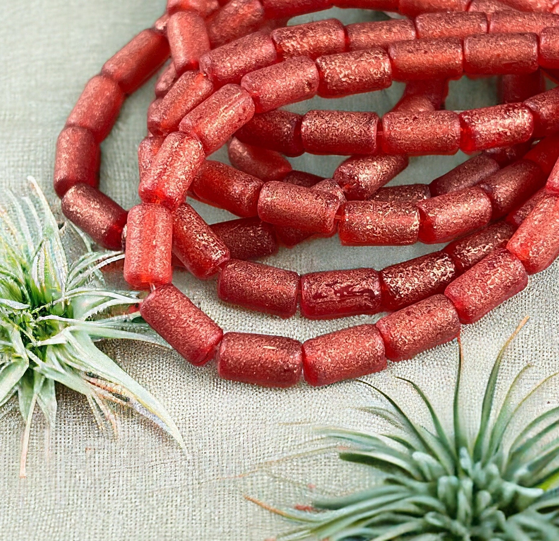 Etched Ruby Red Czech Glass Beads ~ 9x5mm Tube Bead ~ Etched Ruby Red with Copper Finish (1043) * Qty. 16