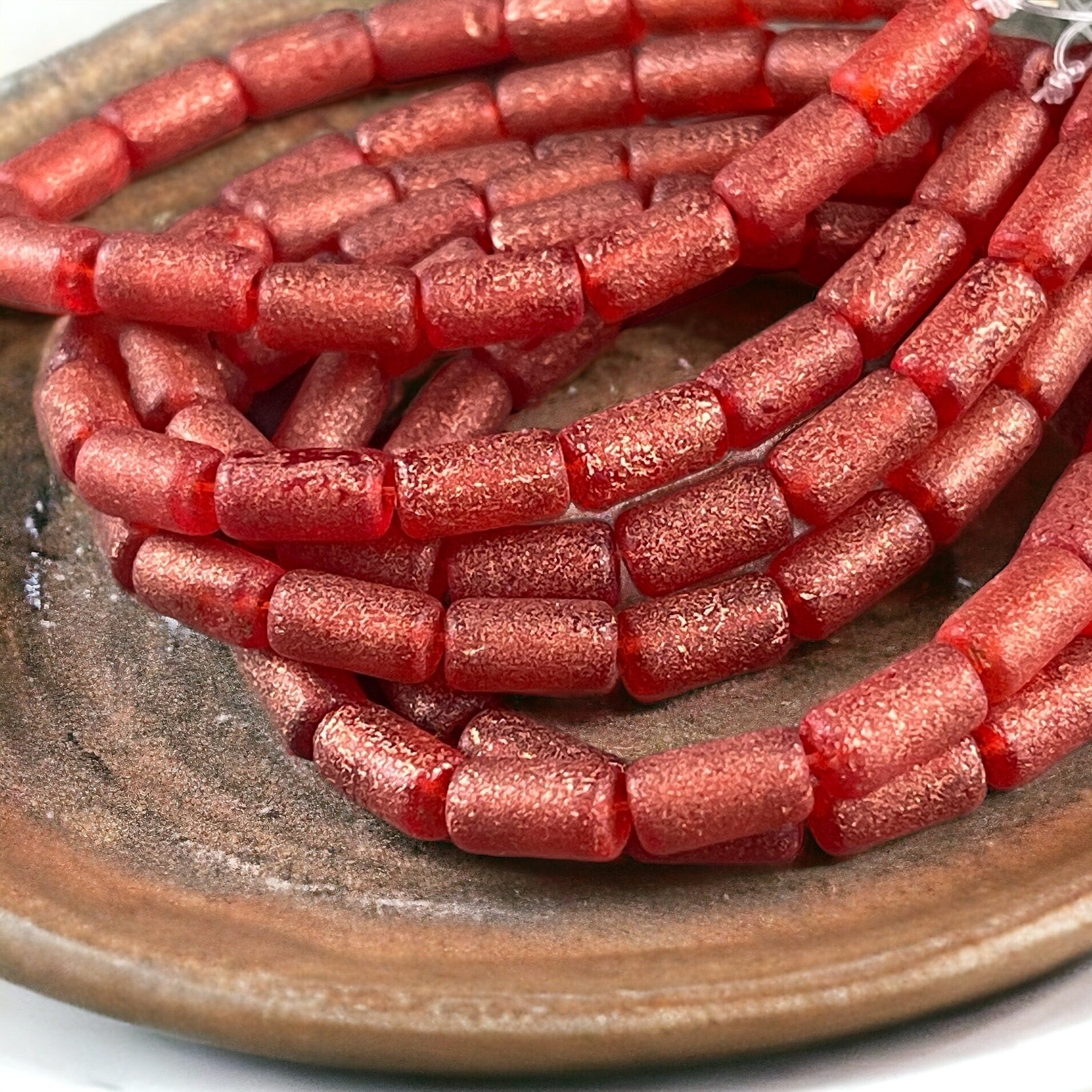 Czech Glass Beads - Etched Ruby Red 9x5mm Tube Bead ~ Ruby Red with Copper Finish (TBE/N-1043) * Qty. 16