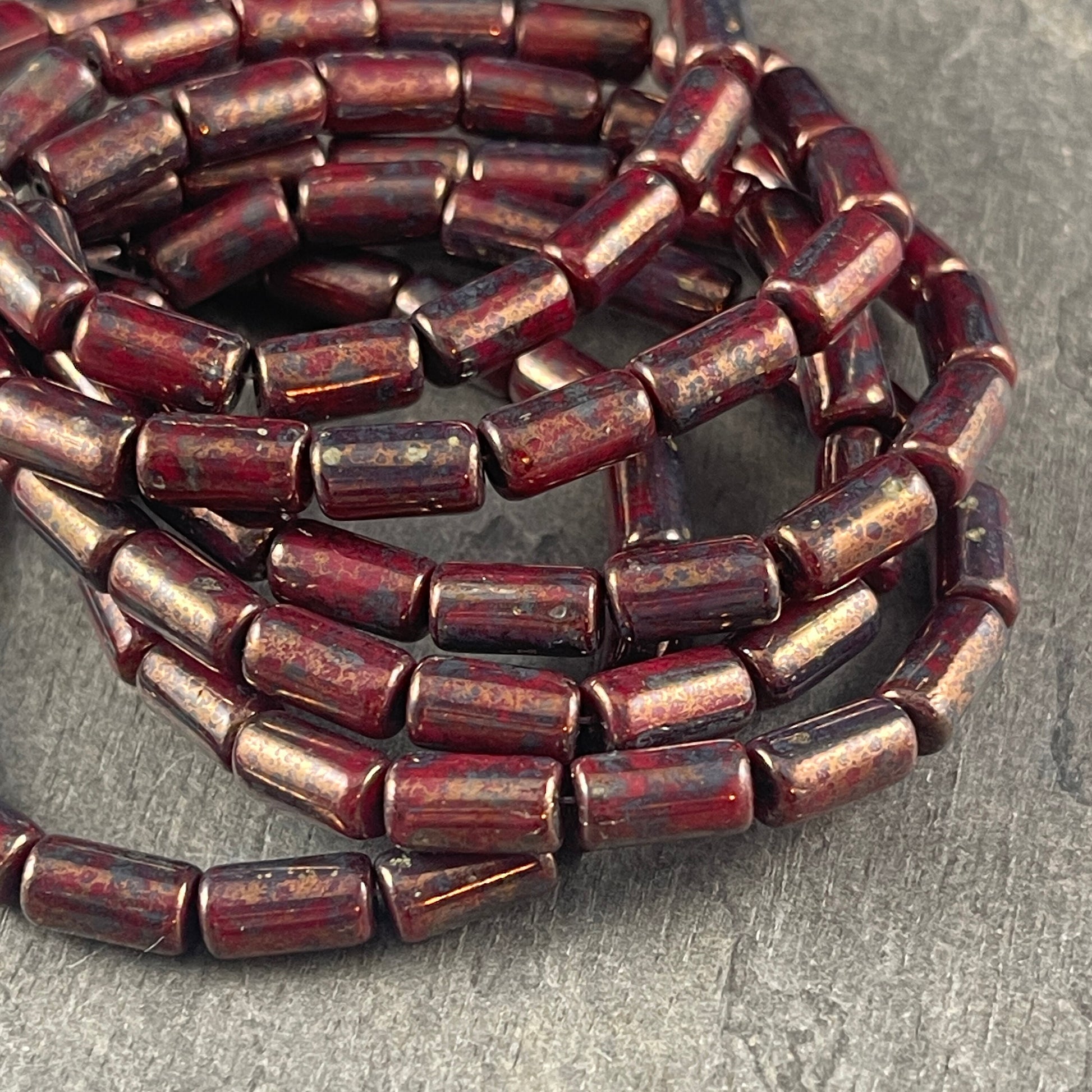 Maroon Picasso Czech Glass Beads ~ 9x5mm Tube Bead ~ Opaque Marron Glass with Bronze Picasso Finish (0671) * Qty. 16