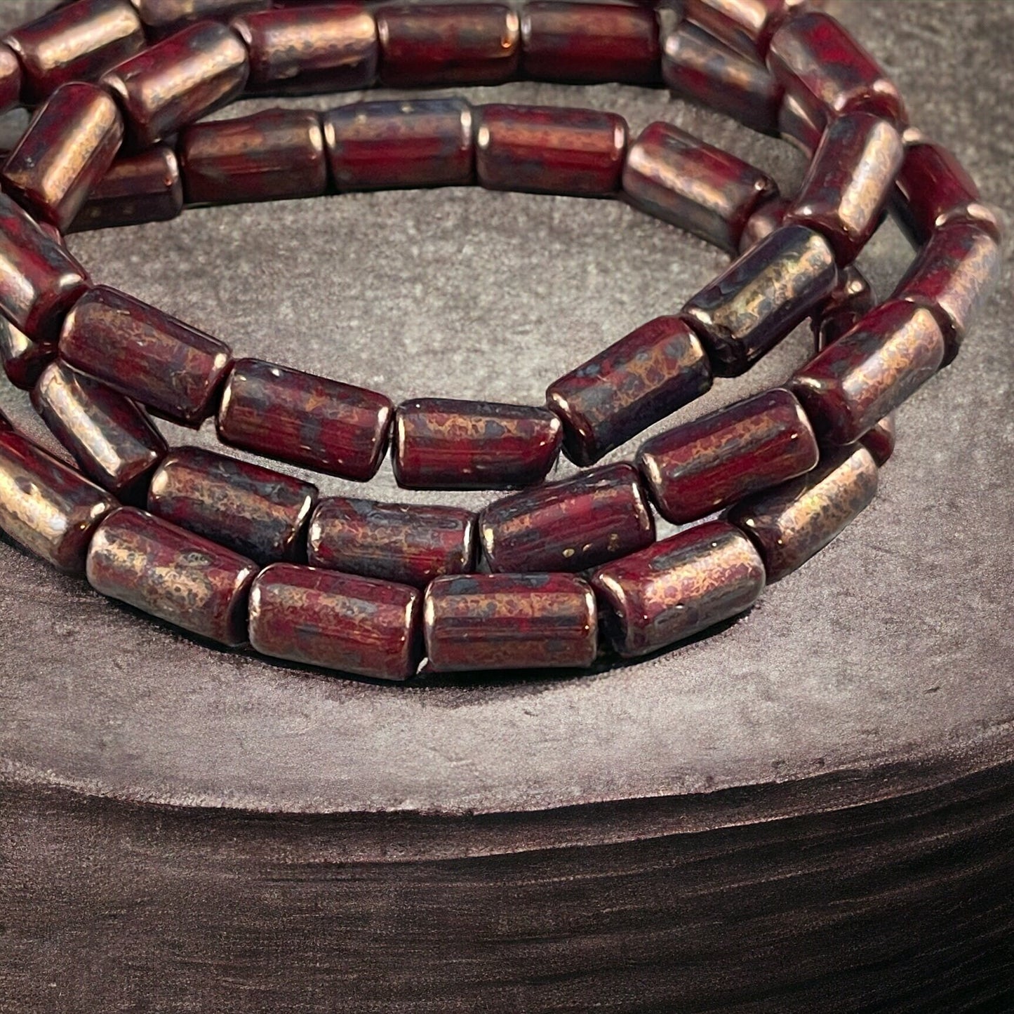 Maroon Picasso Czech Glass Beads ~ 9x5mm Tube Bead ~ Opaque Marron Glass with Bronze Picasso Finish (0671) * Qty. 16